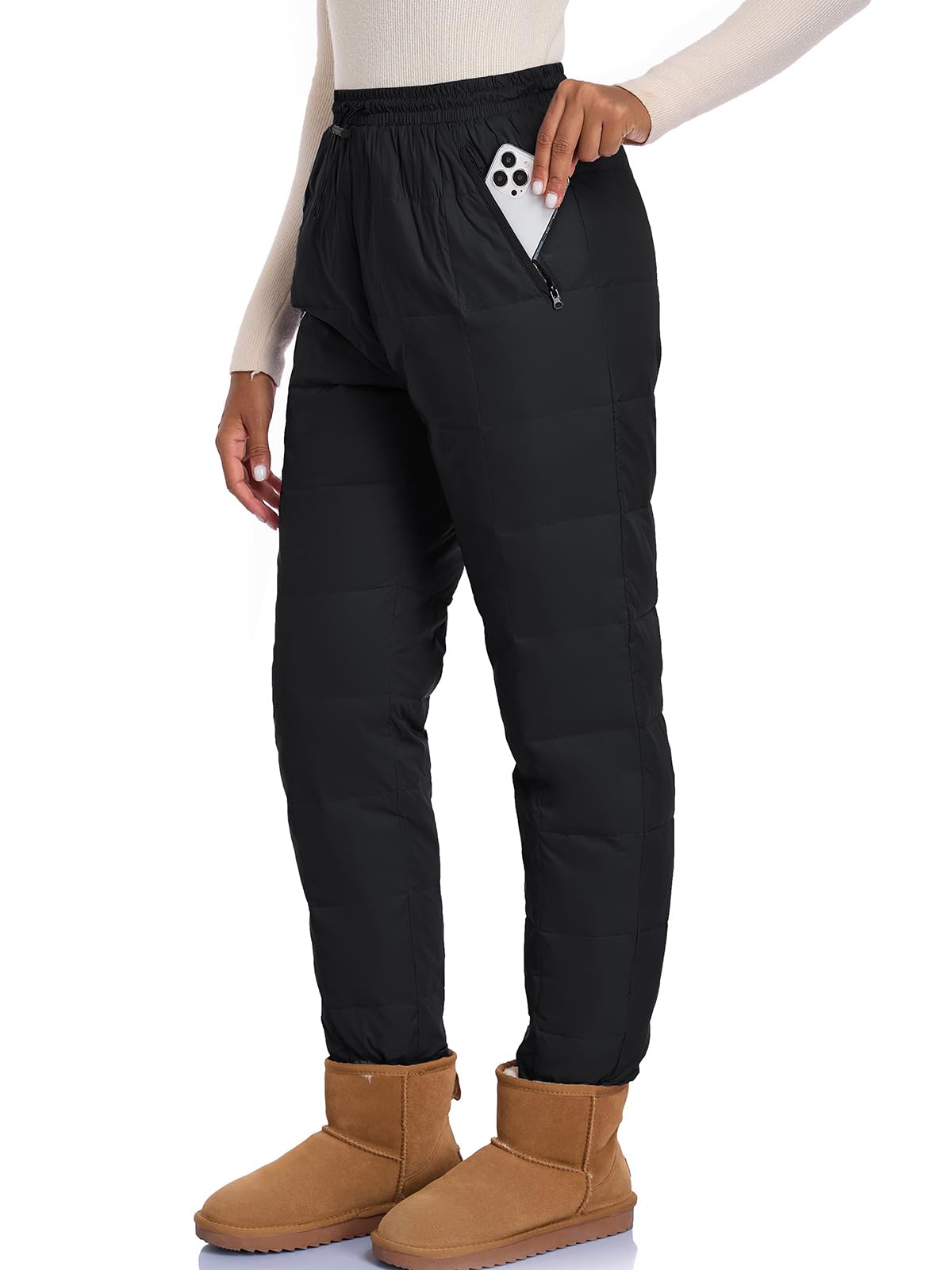 HOTIAN Pantalon en duvet pour femme - Ultra léger - Chaud - Pantalon de jogging - Coupe-vent - Imperméable - Chaud
