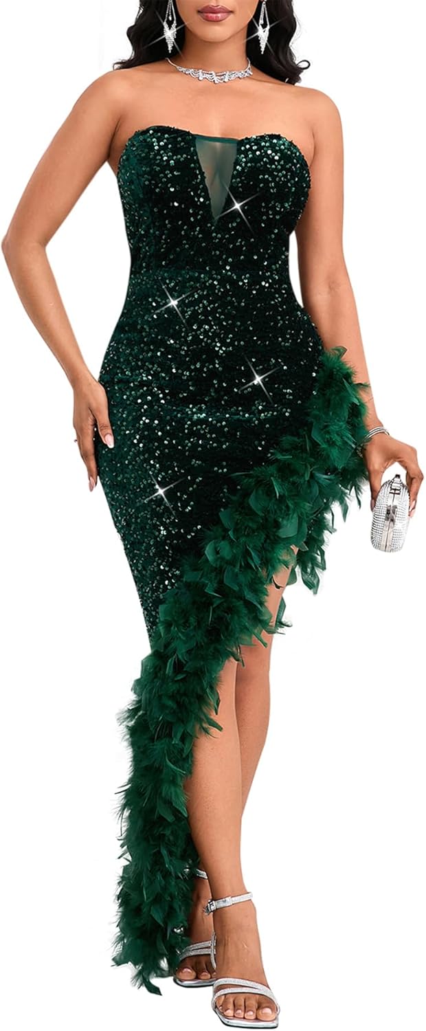 Women's Sexy Sequin Off The Shoulder V Neck Mesh See Through Dress Feather Hem Bodycon Evening Maxi Dress