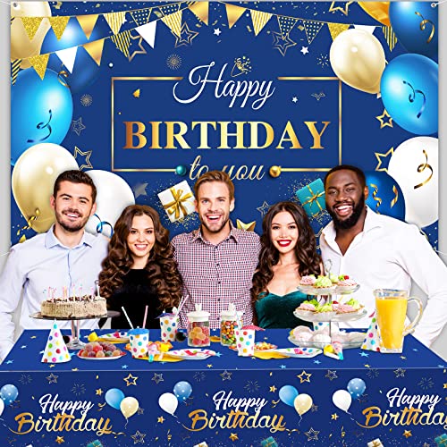 Moukeren Navy Blue and Gold Birthday Party Decorations 56 Pcs Happy Birthday Photography Backdrop Banner Tablecloths Confetti Balloons Kit for Boys Girls Men Women Party Supplies Decor - Thumbnail 7