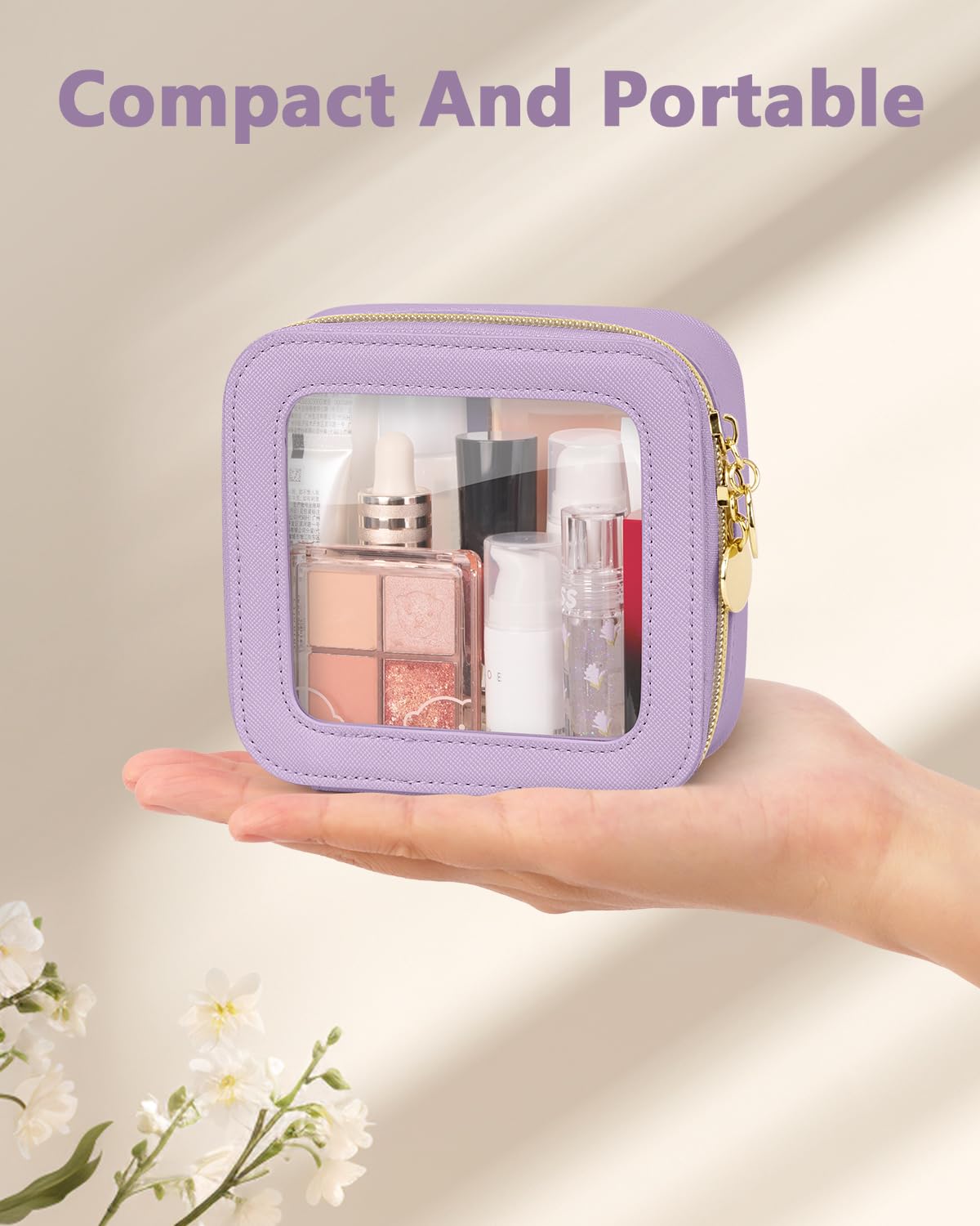 Soimeat Mini Makeup Bag, Small Makeup Bag for Purse, Waterproof Clear Makeup bag, Leather Cosmetic Bag, Square Make Up Bag Pouch, Toiletry Bag for Travel, Car and Women, Purple
