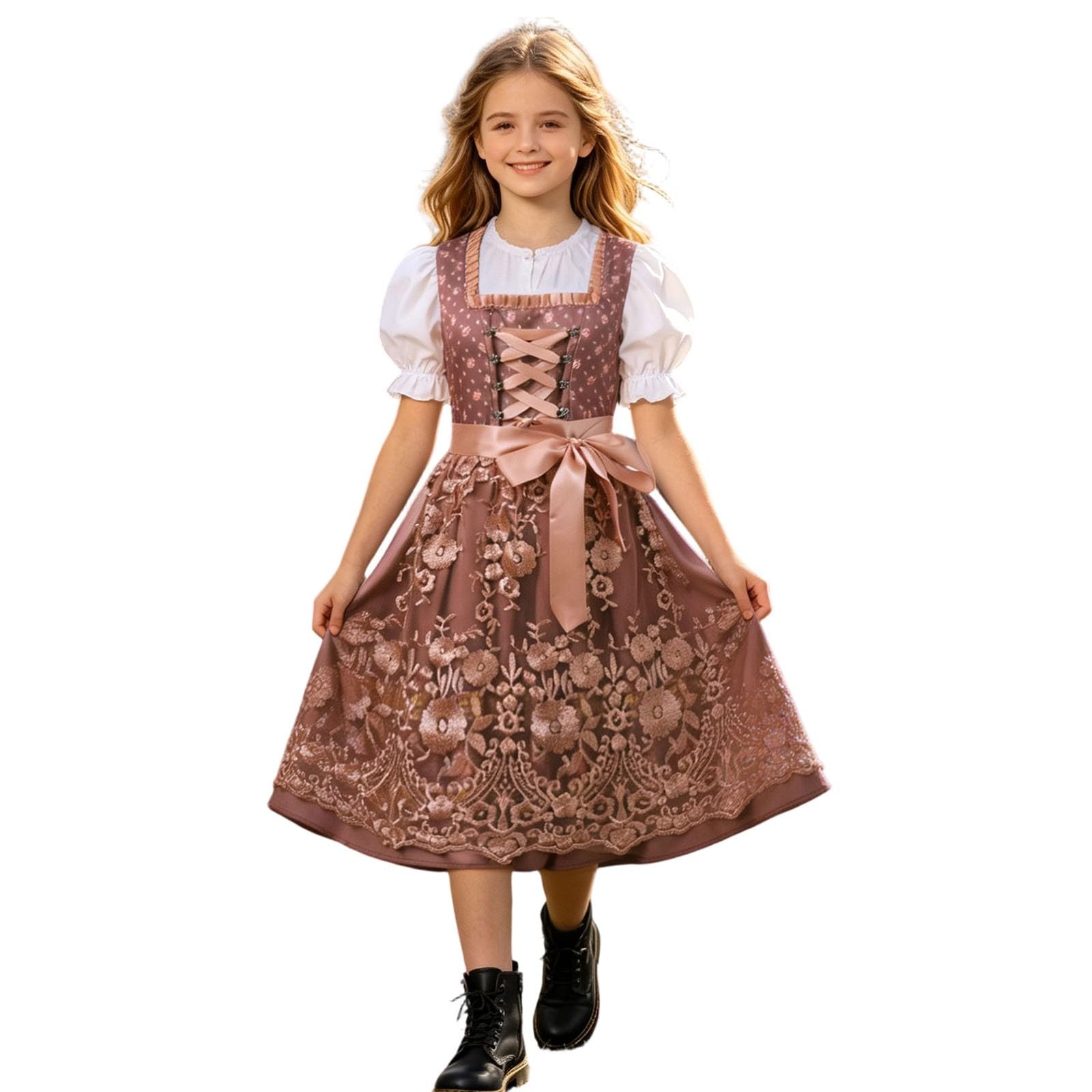 Oktoberfest dziecięcy strój Dirndl, dla dziewcząt, żółty, z bluzką i koronkowym fartuchem, 3-częściowy, moda ludowa, średniowieczna, zestaw ubrań ludowych, sukienka w kwiaty, sukienka dla dziewcząt