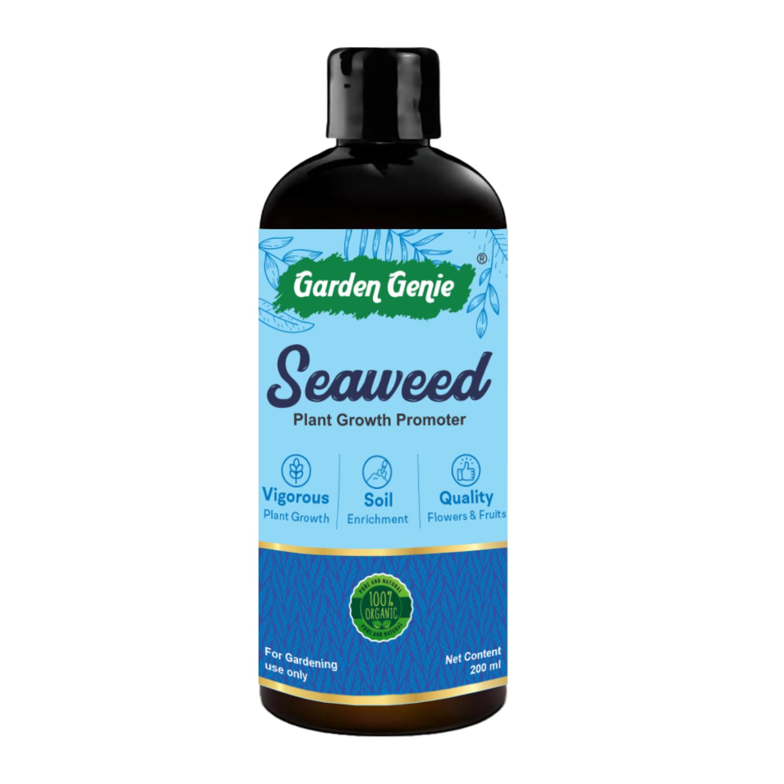 Garden Genie Seaweed Liquid Fertilizer for Plants, 200ml | Organic Growth Booster & Flowering Promoter | Seaweed Extract Concentrate for Home Garden, Indoor & Potted Plants