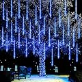 Dazzle Bright 864LED Christmas Light, Meteor Shower Rain Lights 11.8 Inch 24 Tubes, Waterproof Plug in Falling Rain Lights Christmas Decorations for Xmas Bushes Tree Yard Party (Blue)