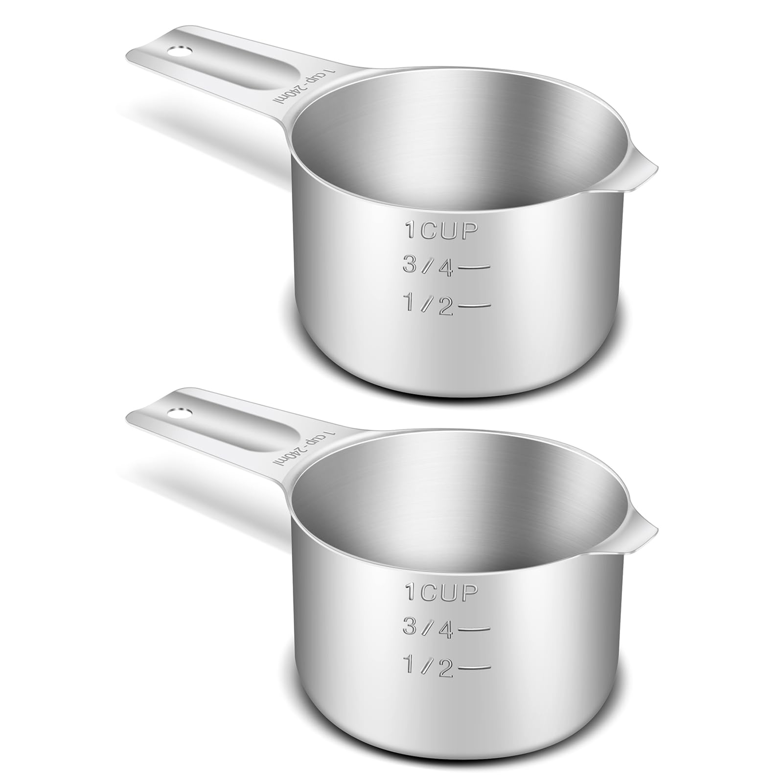 BERYLER 2PCS 1Cup (240ml, 8oz) Single Measuring Cup, Stainless Steel Measure Scoop, Metric and US Measurement, Heavy Duty, Dishwasher Safe