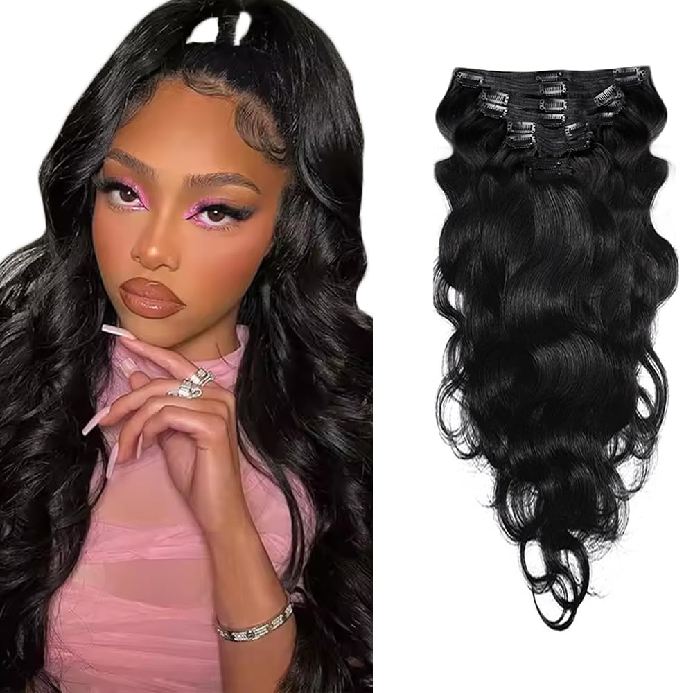Photo 1 of #1B Natural Black Clip in Human Hair Extensions 26 Inch Color #1B Long Wave Clip in Seamless Extensions Human Hair Skin Weft Seamless Invisible Unprocessed Brazilian Virgin Remy Hair 120g