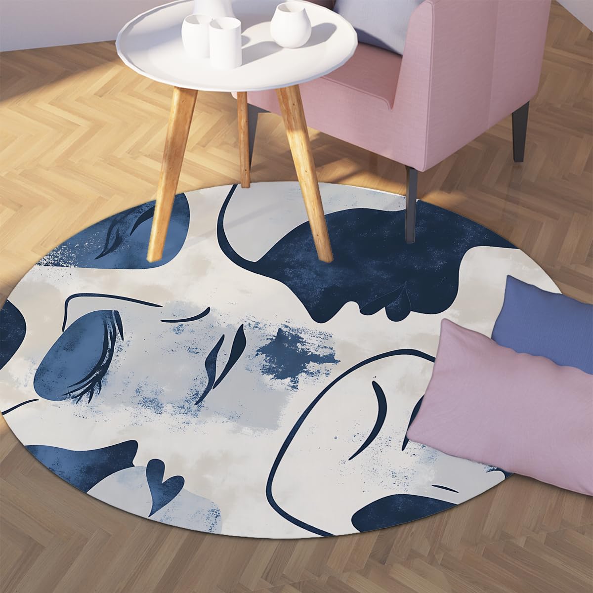 Tapis ronds 180cm portrait abstrait au design silhouette minimaliste et finitions premium