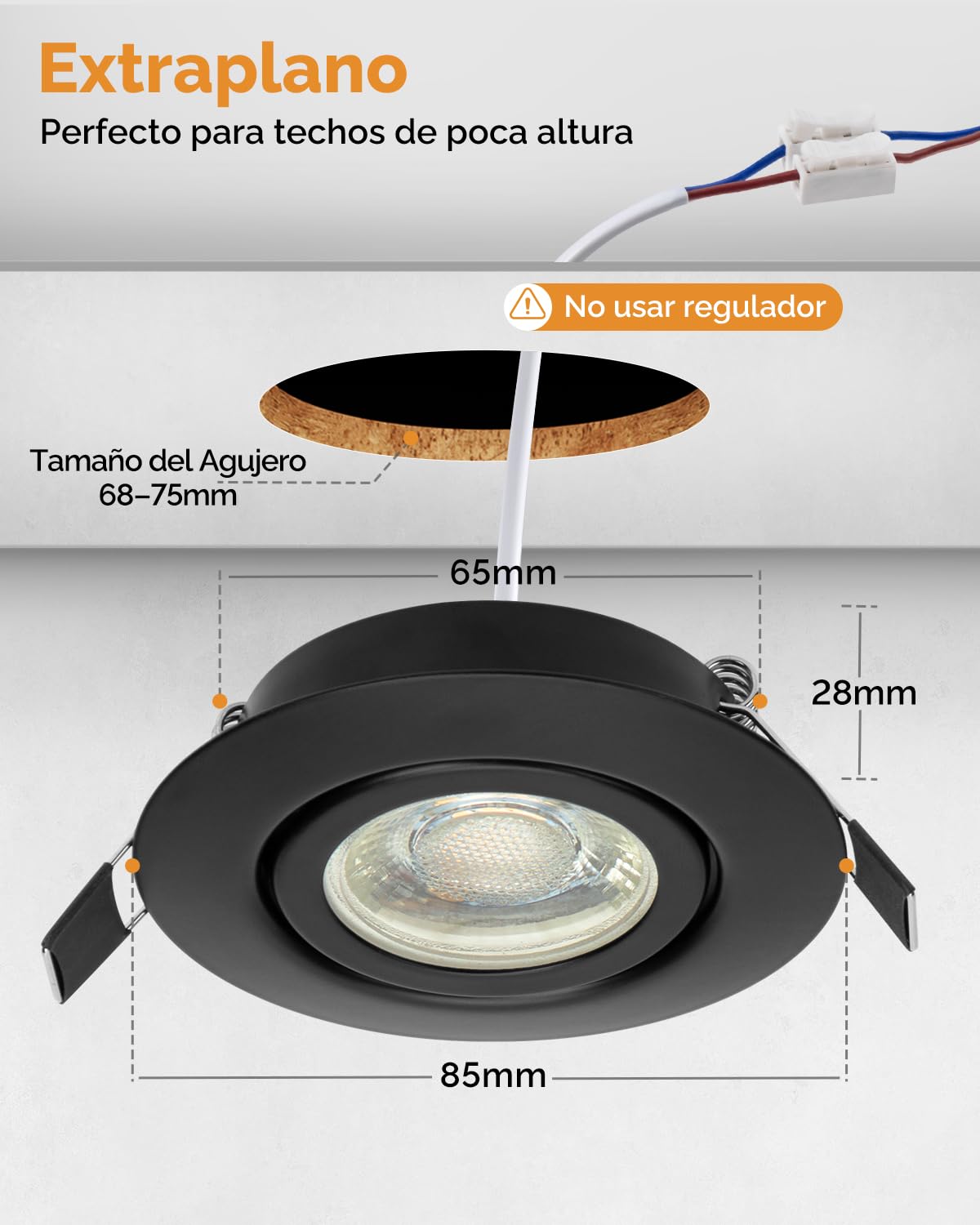 wowatt 5.5W Foco Empotrable LED Techo Negro Regulable 2700K, Pack de 12 | Blanco Calido 600LM 230V Ojos de Buey LED para Techo Rotable Metal, IP44 Downlight Foco Extraplano para Baño, Corte 68-75mm