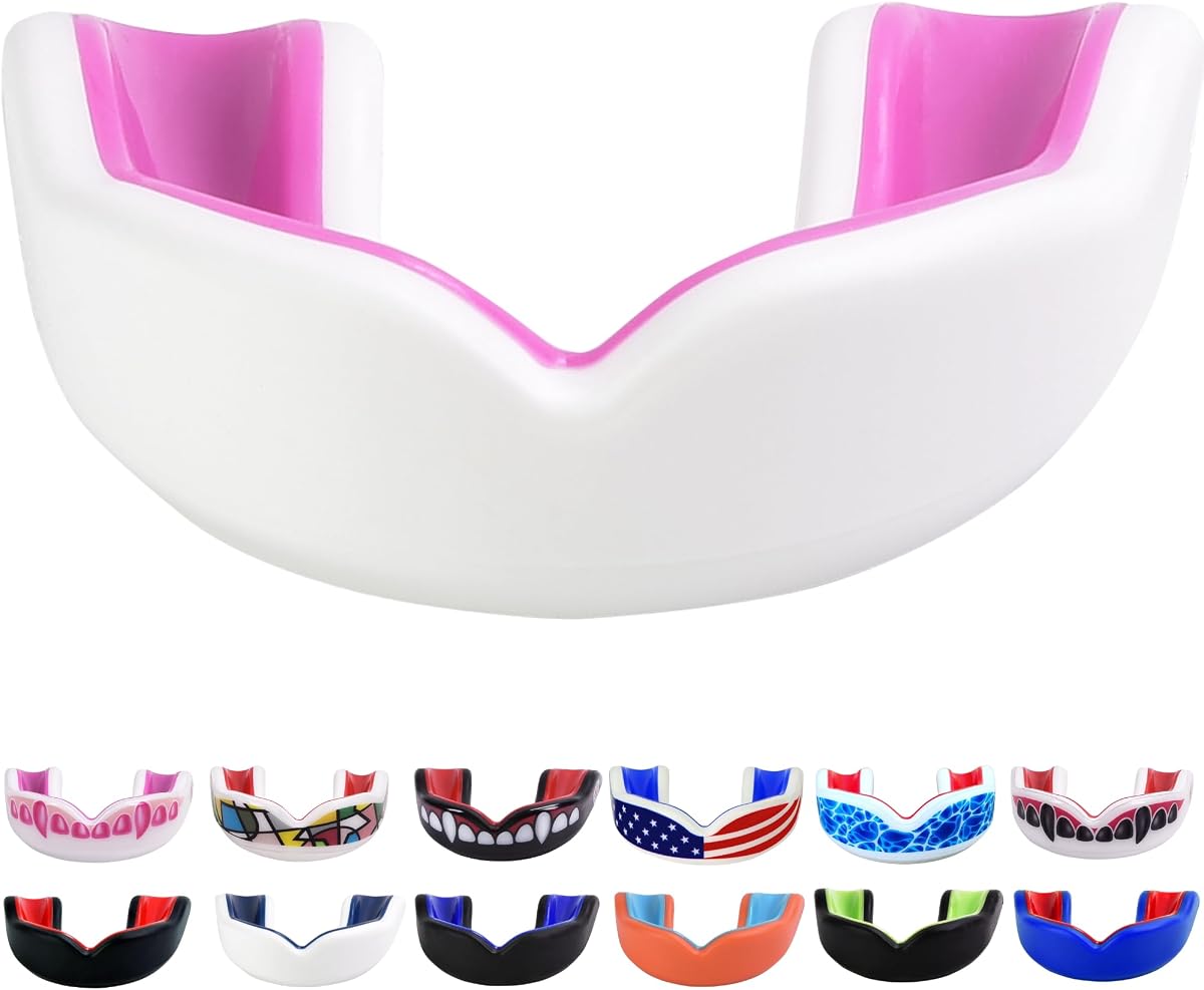 Protector bucal Oral Mart Youth Sports para niños (bandera de EE. UU., colmillos, más de 20 colores para elegir) Protector bucal para fútbol, MMA, karate, boxeo, rugby, BJJ, fútbol de bandera – /con estuche (juvenil, sin tirantes)