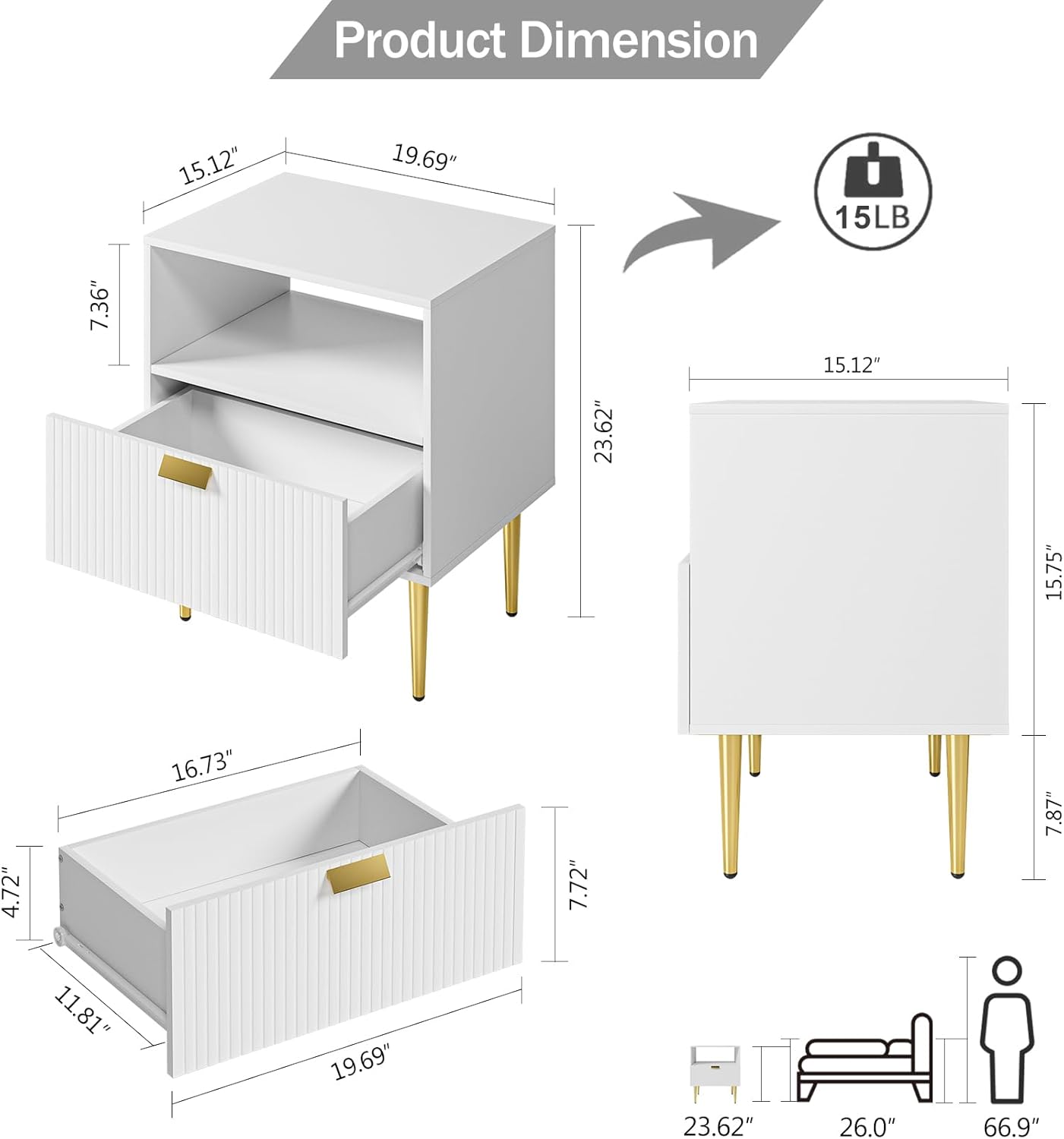 3PCS White 3 Drawer Dresser and 1 Drawer Night Stand Set 2
