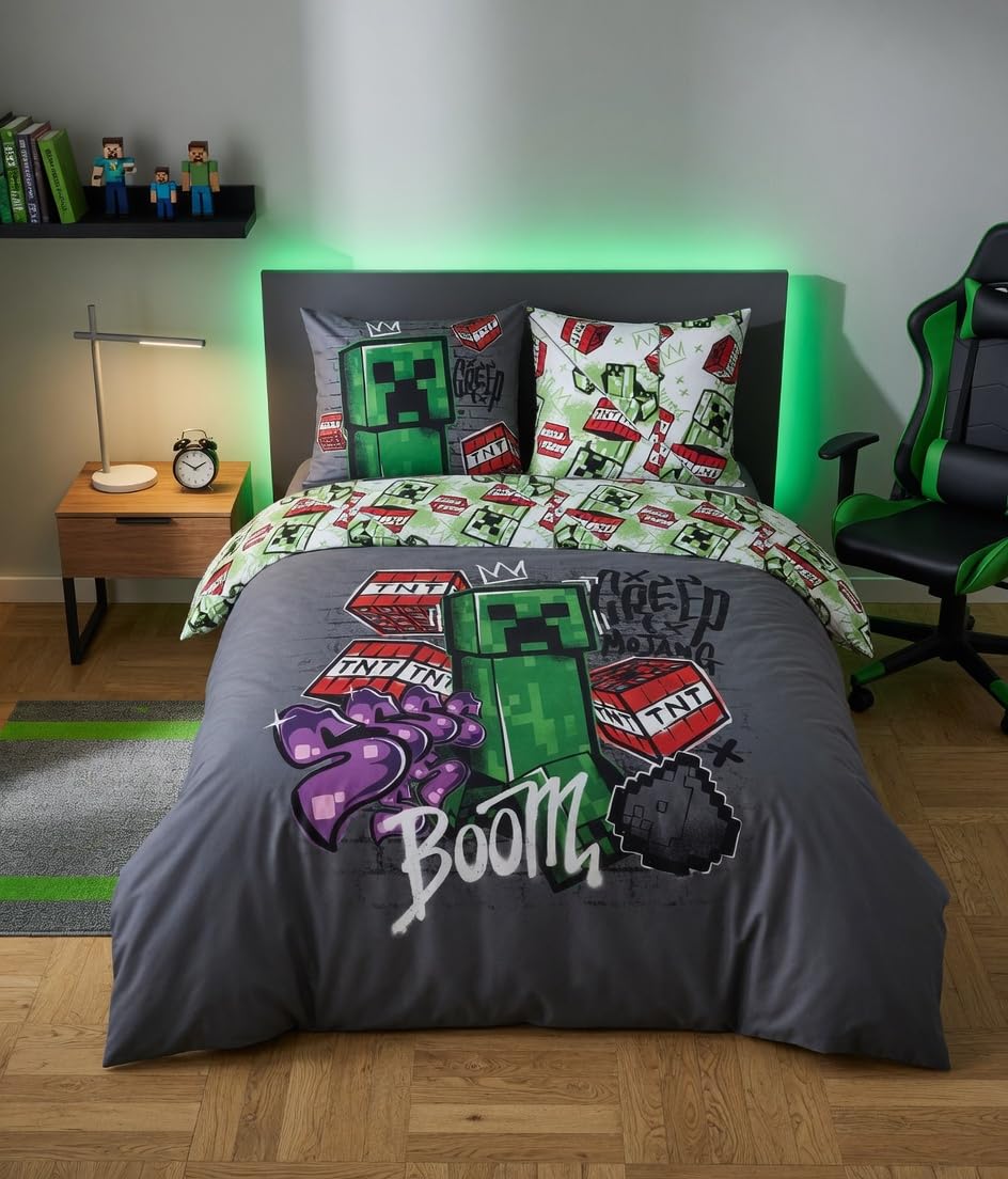 Minecraft Funda Nórdica Doble 240x220 Metro Art + 2 Fundas 63x63 | Licencia oficial | Microfibra Oeko-Tex secado rápido | Graffiti Creeper TNT Pixel | Reversible 2 diseños | Gamer