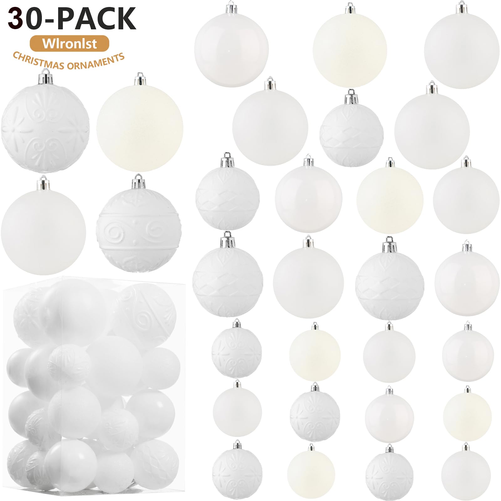 Wironlst Adornos de bola de Navidad, 30 piezas de adornos de Navidad de plástico inastillables, adornos colgantes para árbol de Navidad, vacaciones, boda, fiesta (tamaño múltiple, blanco)