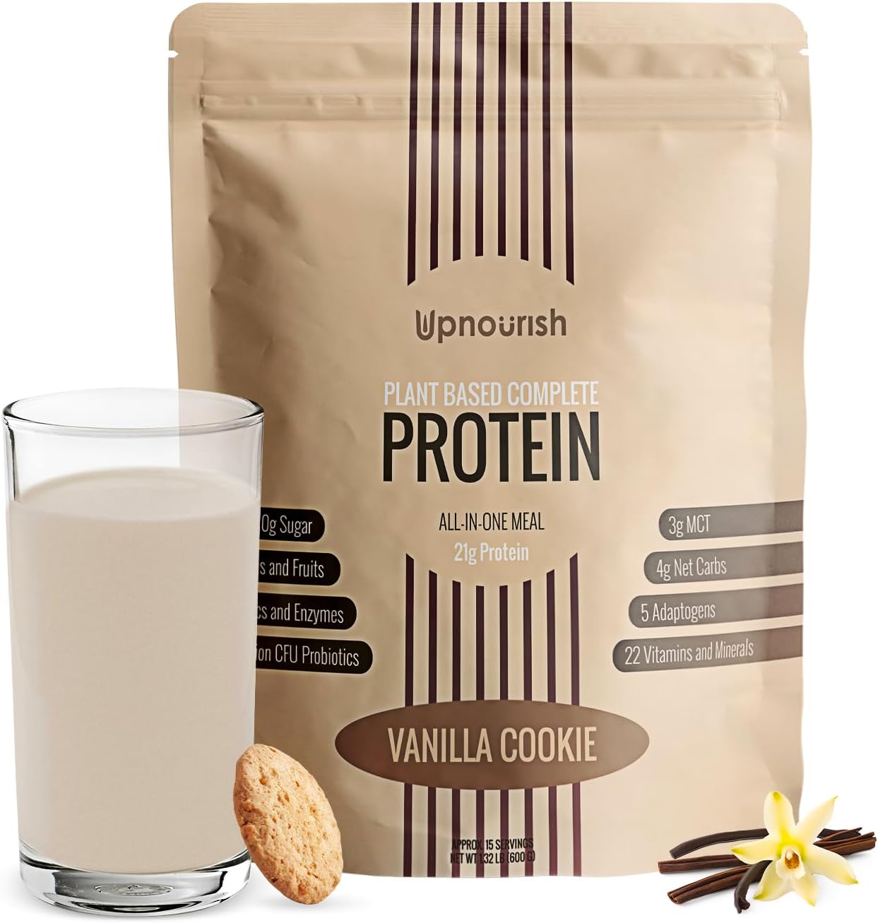 Vanilla Cookie Vegan Protein Powder 54 Superfoods Powder,1.5 Billion CFU Probiotics 21g Plant Based Protein,No Sugar No Dairy No GMO Dairy Free,Meal Replacement Shake Keto-Friendly Low-Carb Diet,15 Servings
