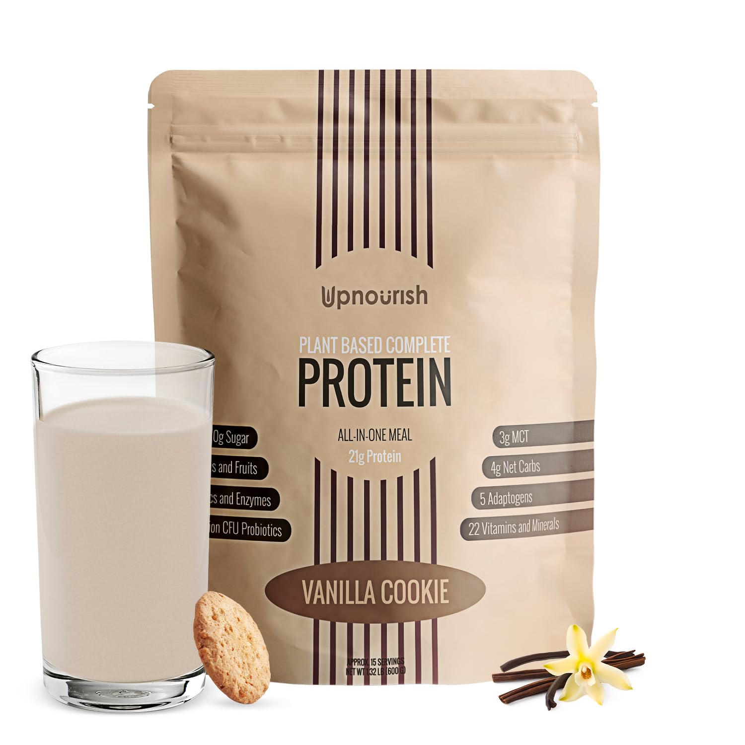 UpNourish Vanilla Cookie Vegan Protein Powder 54 Superfoods Powder,1.5 Billion CFU Probiotics 21g Plant Based Protein,No Sugar No Dairy No GMO Dairy Free,Meal Replacement Shake Keto-Friendly Low-Carb