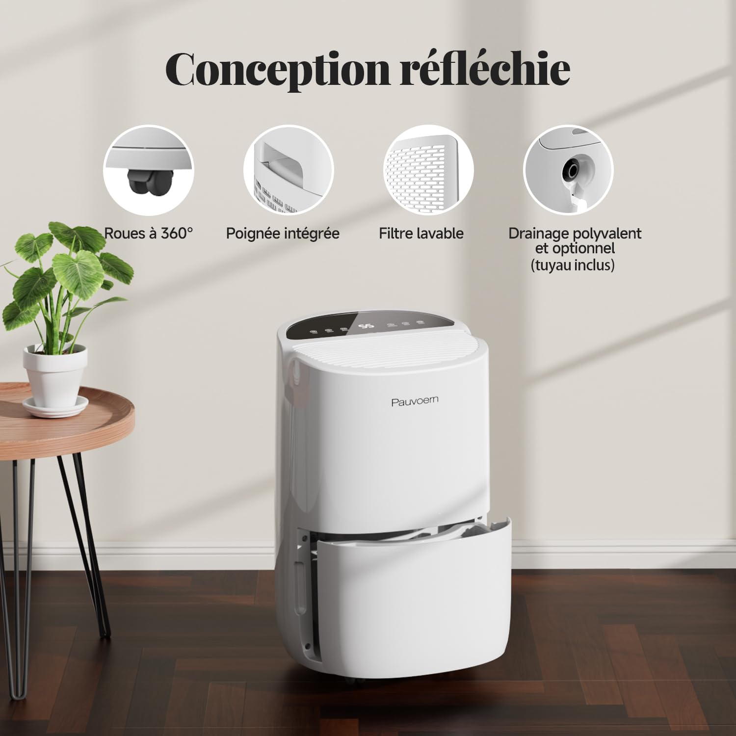 Déshumidificateur intelligent 12 L/jour pour maison, cave et chambre - Silencieux, élimination efficace de l’humidité, dégivrage automatique, verrouillage enfant, filtre à air