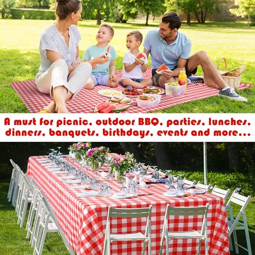 Image of Kochorie 54 Inch x 100 Ft Red Checkered Plastic Table Cloth Roll Disposable Waterproof Table Cover Plastic Table Cover Roll with Easy Slide Cutter for Outdoor Picnic /Home Dining /Summer Party