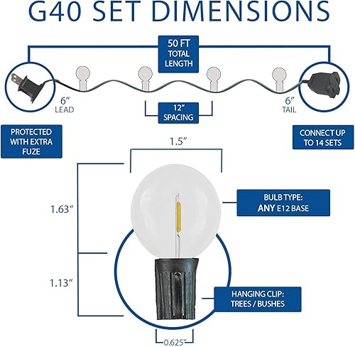 Miniatura 4 de Novelty Lights Tira de luces LED G40 de 50 pies para patio, luces para exteriores, tira de luces LED de plástico inastillables con conexiones de