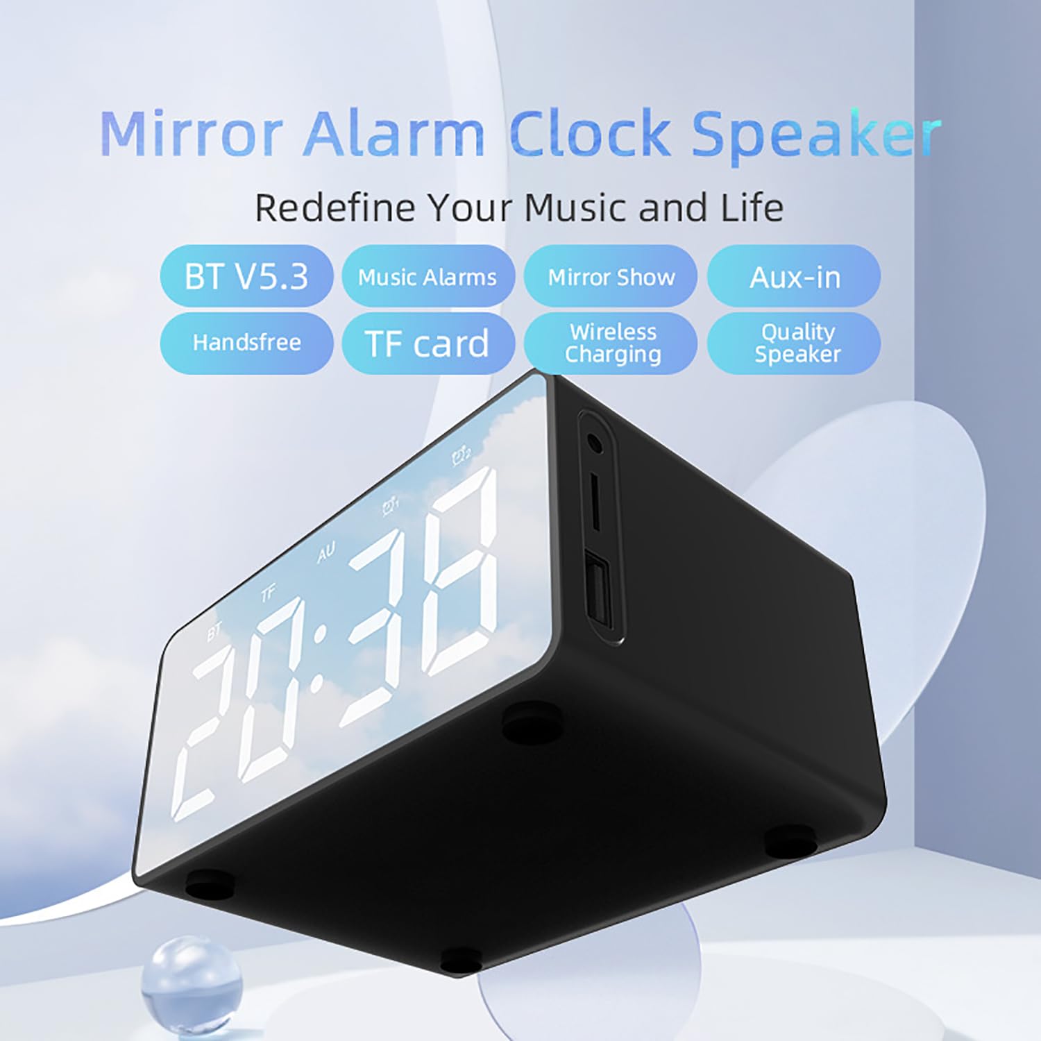 Reloj despertador digital con pantalla LED, brillo regulable, altavoz manos libres, reproductor de música para mesita de noche y oficina, diseño compacto