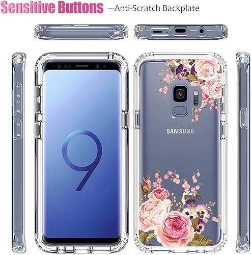 Miniatura 5 de Funda para Galaxy S9, SM-G960U con protector de pantalla de vidrio templado, cuerpo completo, transparente, flexible, con diseño floral, funda para