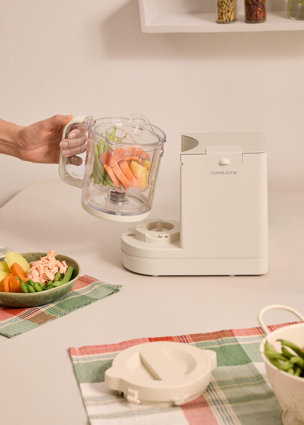 CREATE/BABY CHEFBOT/Robot de cocina esterilizador multifunción para bebés blanco roto/Libre de BPA, 6 funciones, programable, doble altura para biberones, 700W