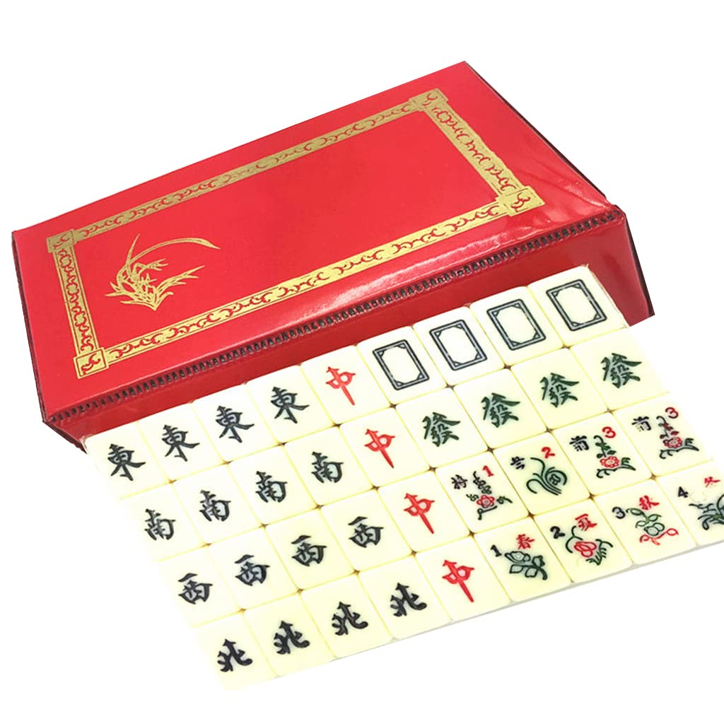 Gra w stylu chińskim Chińska gra Mahjong, W skórzanym pudełku 144 płytki melaminowe chińskie kostki do gry Mahjong 2, przenośny rozmiar i lekka waga, prezent rozrywkowy