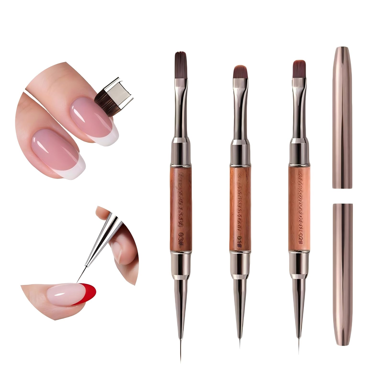 3 Pezzi Pennelli Unghie Gel Doppia Punta, Pennelli Nail Art Professionali per Gel Ricostruzione Unghie, French Unghie e Decorazioni,Con Cappucci Metallici e Manico in Legno per DIY e Salon