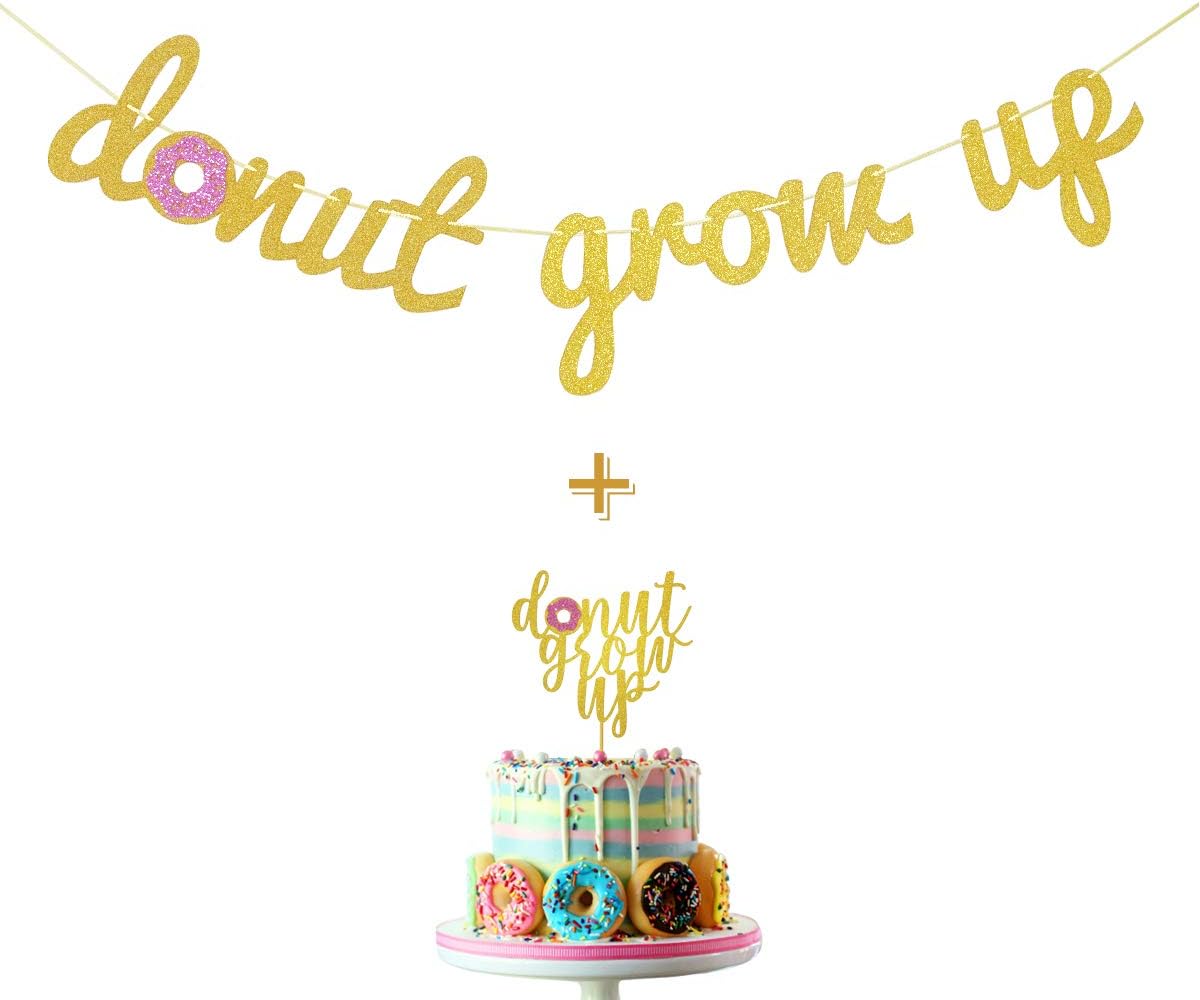 Donut Grow Up Gold Glitter Banner and Donut Grow Up Cake Topper for Donut Themed Happy Birthday Party Supplies Decorations