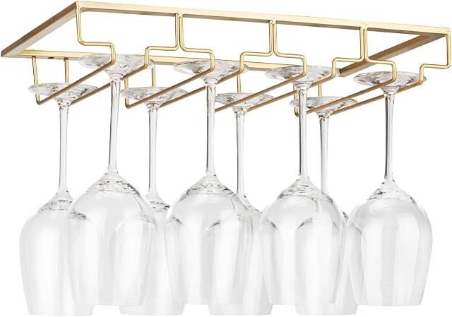 Wine Glass Rack Under Cabinet - Stemware Holder Metal Wine Glass Organizer Glasses Storage Hanger for Bar Kitchen Gold 4 Rows