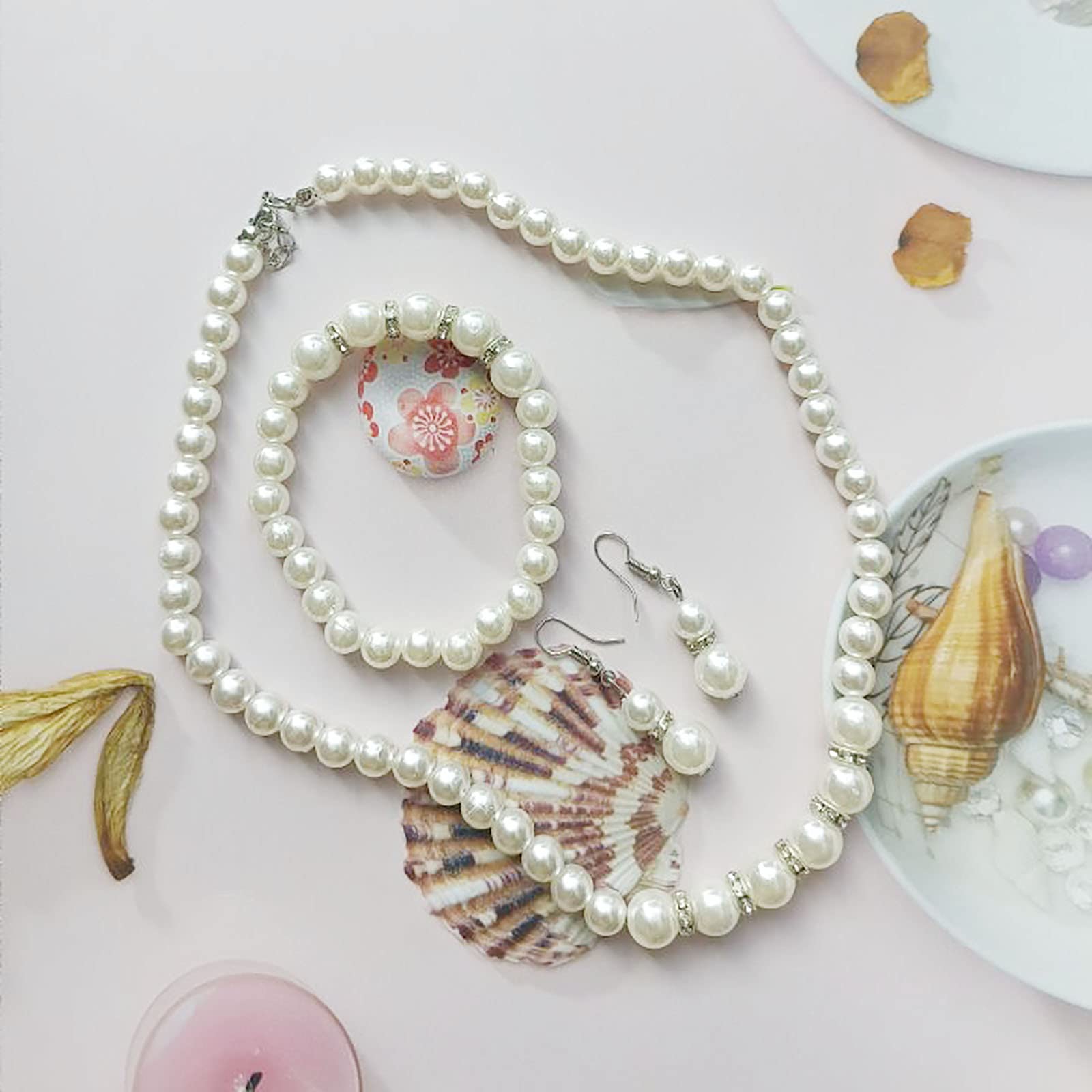 Ensemble Bijoux Collier Perles Argenté Rose Cristal - Neuf Sans Emballage