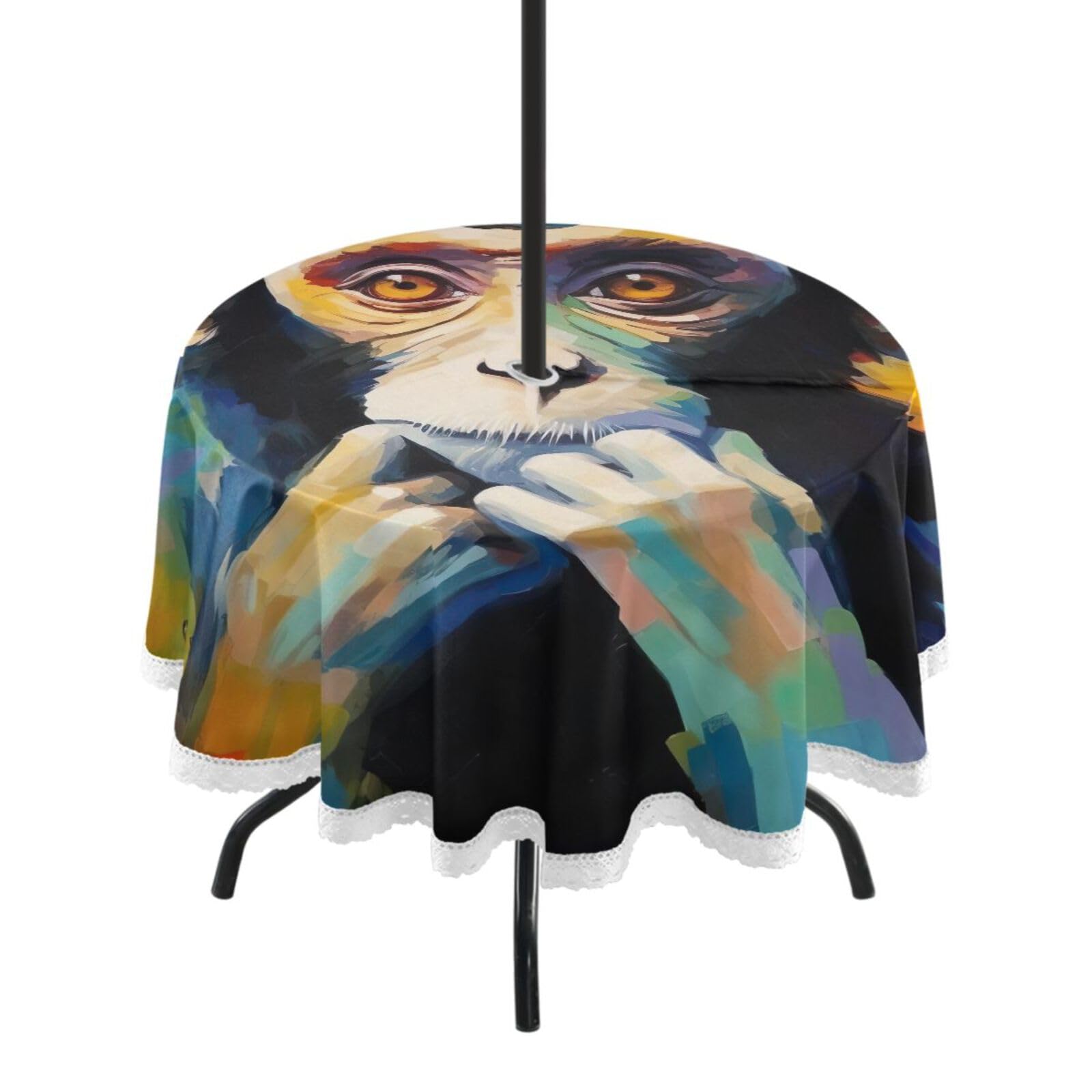 Wajiw 60 Inch Indoor Outdoor Round Tablecloth with Umbrella Hole and Zipper Waterproof Patio Table Cover for Camping Dining Room Party Outdoor Picnic,Monkey