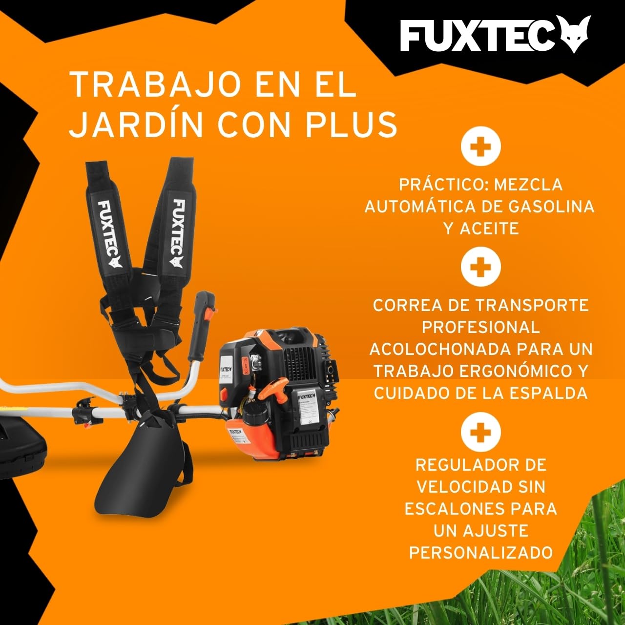 Desbrozadora Gasolina Fuxtec FX-4MS142-42,5cc, Multiherramienta 2 en 1 y Motor de 4 Tiempos - Cómodo Cortasetos, Correa, Cuchilla de 3 Dientes y Carrete de Doble Hilo incluidos