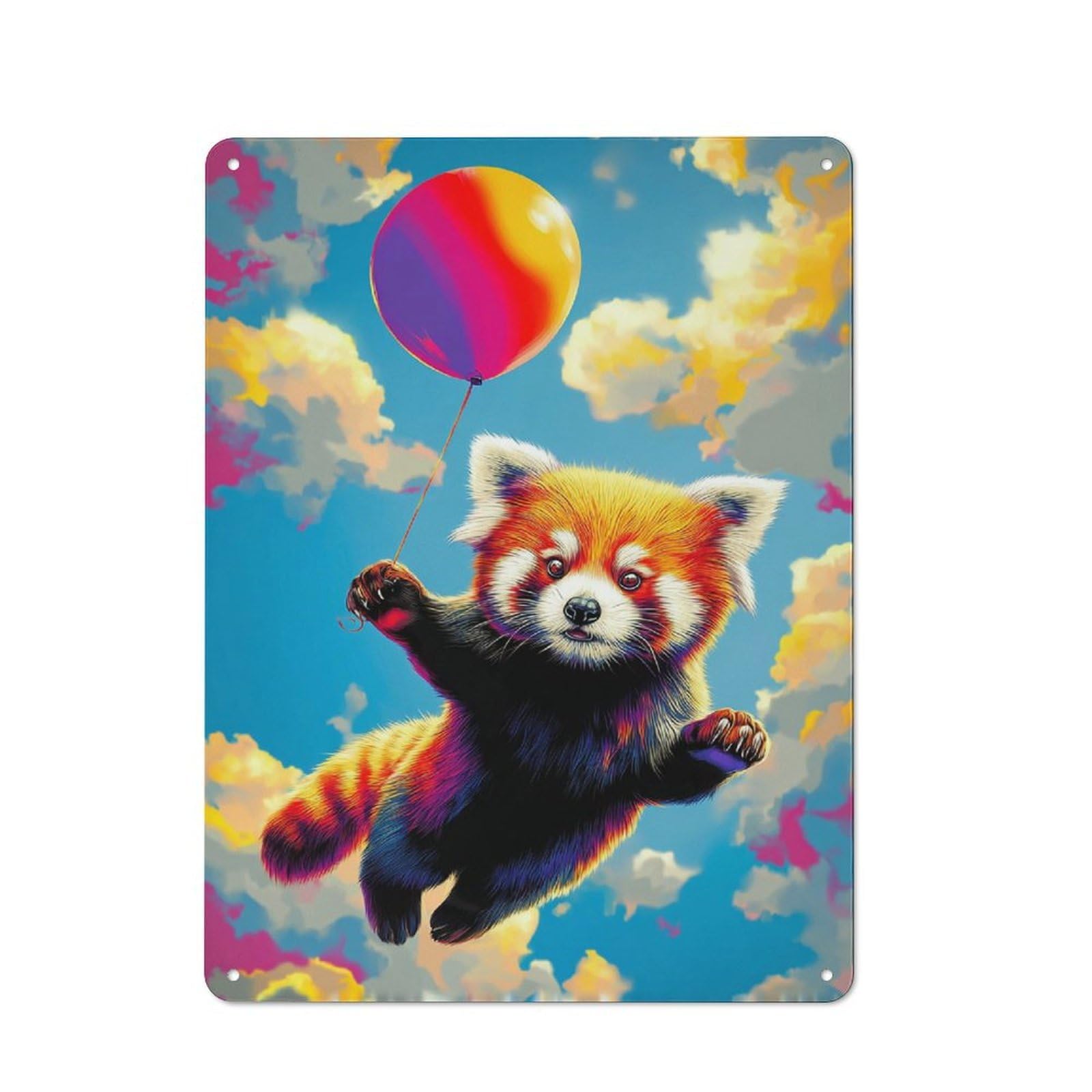Understated Decorative Metal Sign 40x30cm Featuring Red Panda Balloon Flight, Study Room Decor for Workspace, Cafe, Shop Or Desk Area