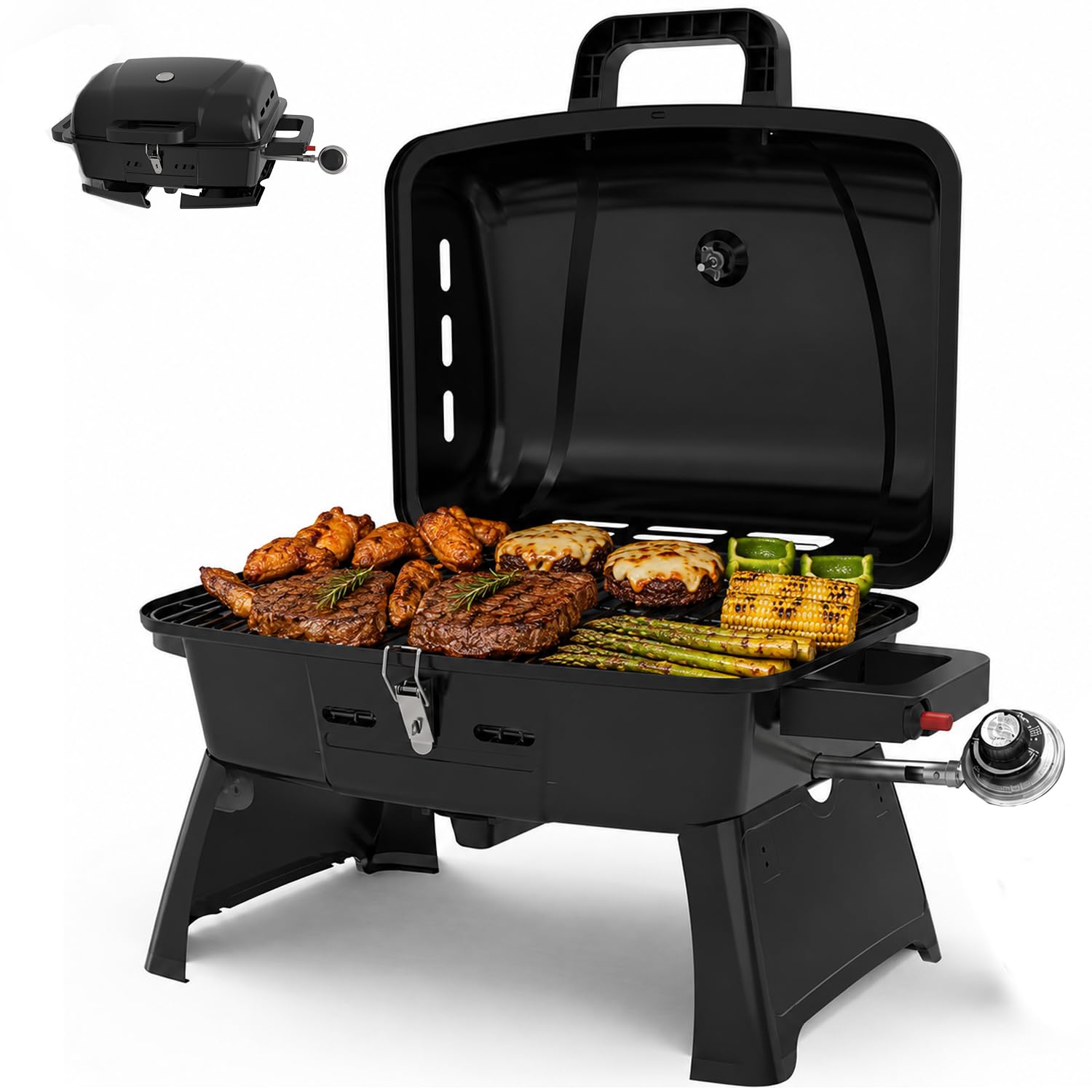 BrandMan - Griglia portatile a gas propano da tavolo a 1 bruciatore, griglia compatta per barbecue con area di cottura di 239,9 mq, blocco coperchio, termometro e gambe pieghevoli per campeggio