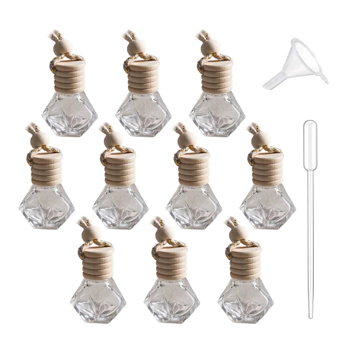 8ml Hanging Car Air Freshener, Car Oil Diffuser Pendant Empty Glass Bottle with Wooden Caps & Rope, Refillable Aromatherapy Fragrance Perfume Bottles, Auto Ornaments Decoration (10PCS)