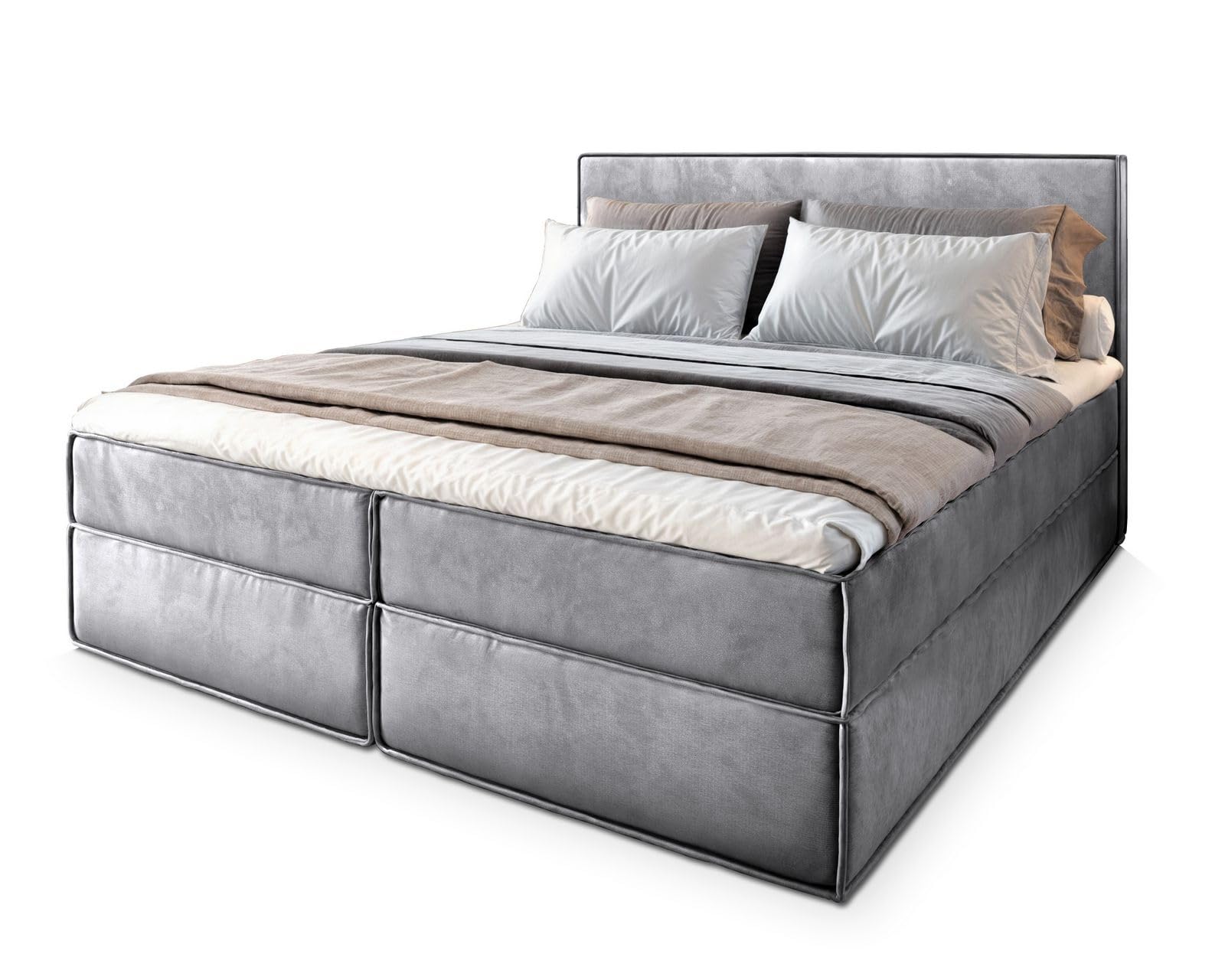 Masseno Boxspringbett PELLIO 160x200 cm Komplett-Set mit Matratze und Topper, Polsterbett mit Zwei Bettkästen -Hellgrau