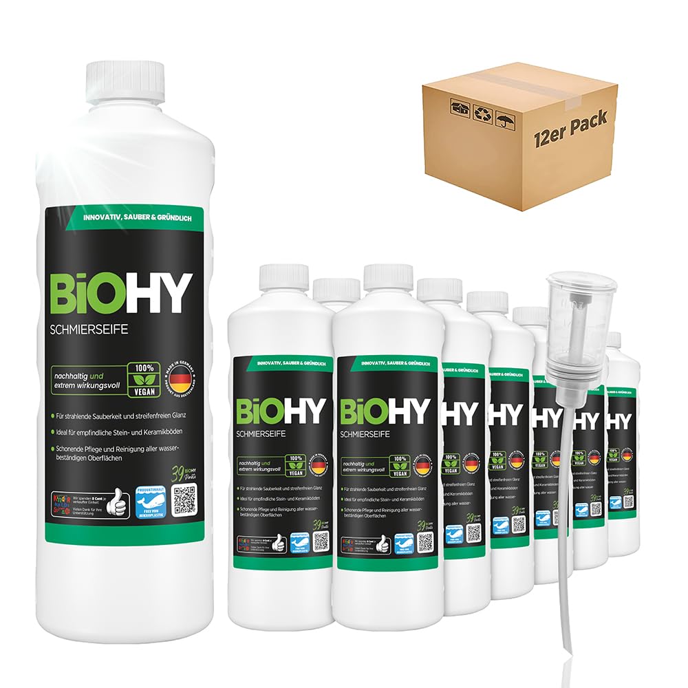 BiOHY Jabón lubricante (12 botellas de 1 litro) + Dosificador | concentrado para suelos | Aplicable a todas las superficies delicadas | Caucho, linóleo, parqué, PVC, piedra (Schmierseife)