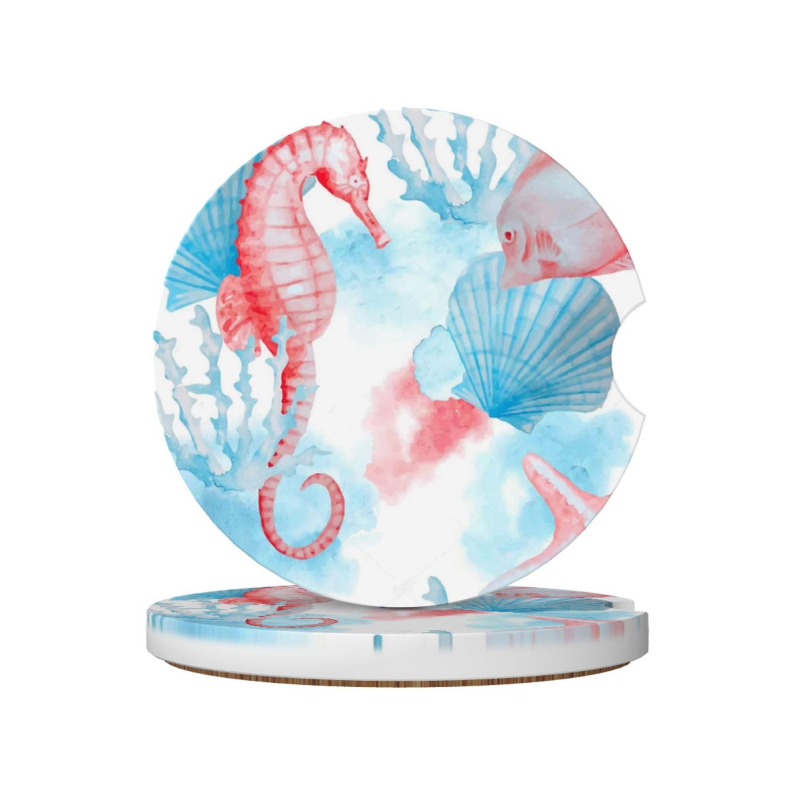 Watercolor Shells Sea Horse Fish, Car Cup Holder Coasters 2 Pack, Absorbent Ceramic Car Coasters with Non Slip Cork Base