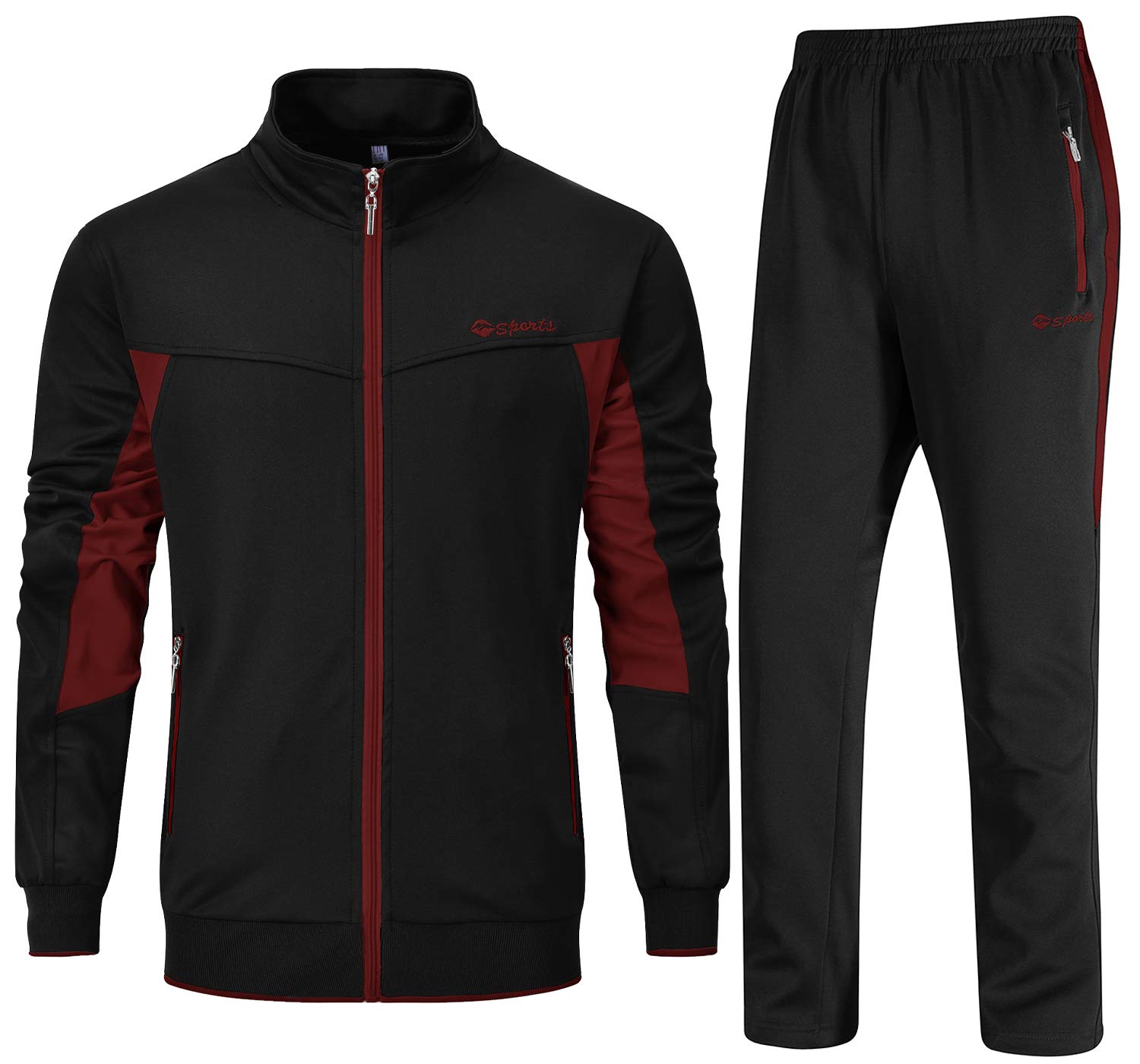 BGOWATU Men's Tracksuits 2 Piece Running Jackets Athletic Pants Sports Suit with Zipper Pockets, Black + Wine Red, Medium