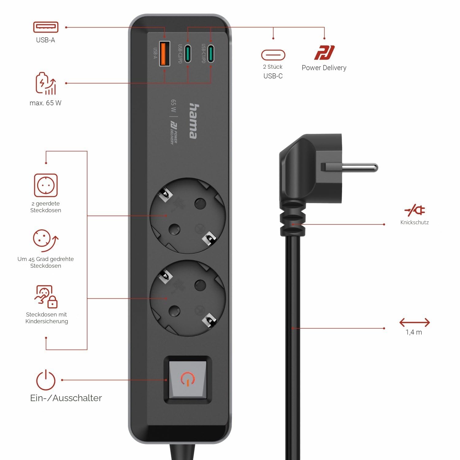 Hama 5in1 Steckdosenleiste mit USB 65W Ladegerät (2 Steckdosen, 1 USB-A, 2 USB-C, Laptop USB C Ladegerät 65W per USB ohne Netzteil Schnellladefunktion PD, Mehrfach-Steckleiste mit Schalter, 1,4m) grau