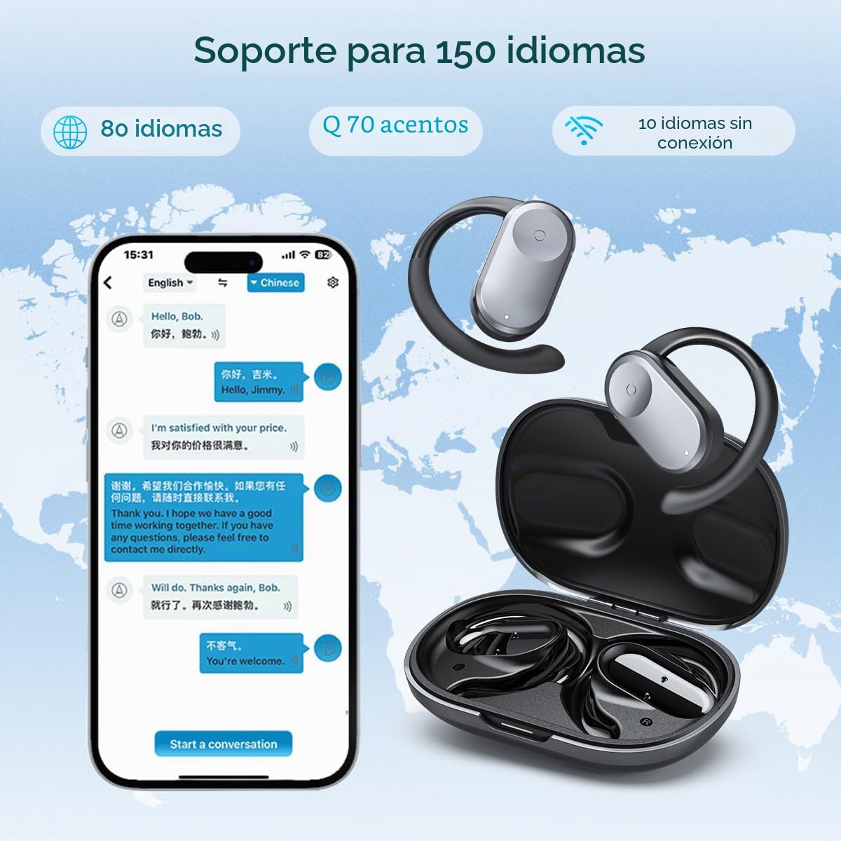 kentfaith AI Auriculares Traductores Instantáneos en Tiempo Real, 150 Idiomas, 30H Batería, Bluetooth 5.3 Diseño Abierto Cómodo, Traductor Bidireccional para Viajes/Negocios/Estudio - Negro