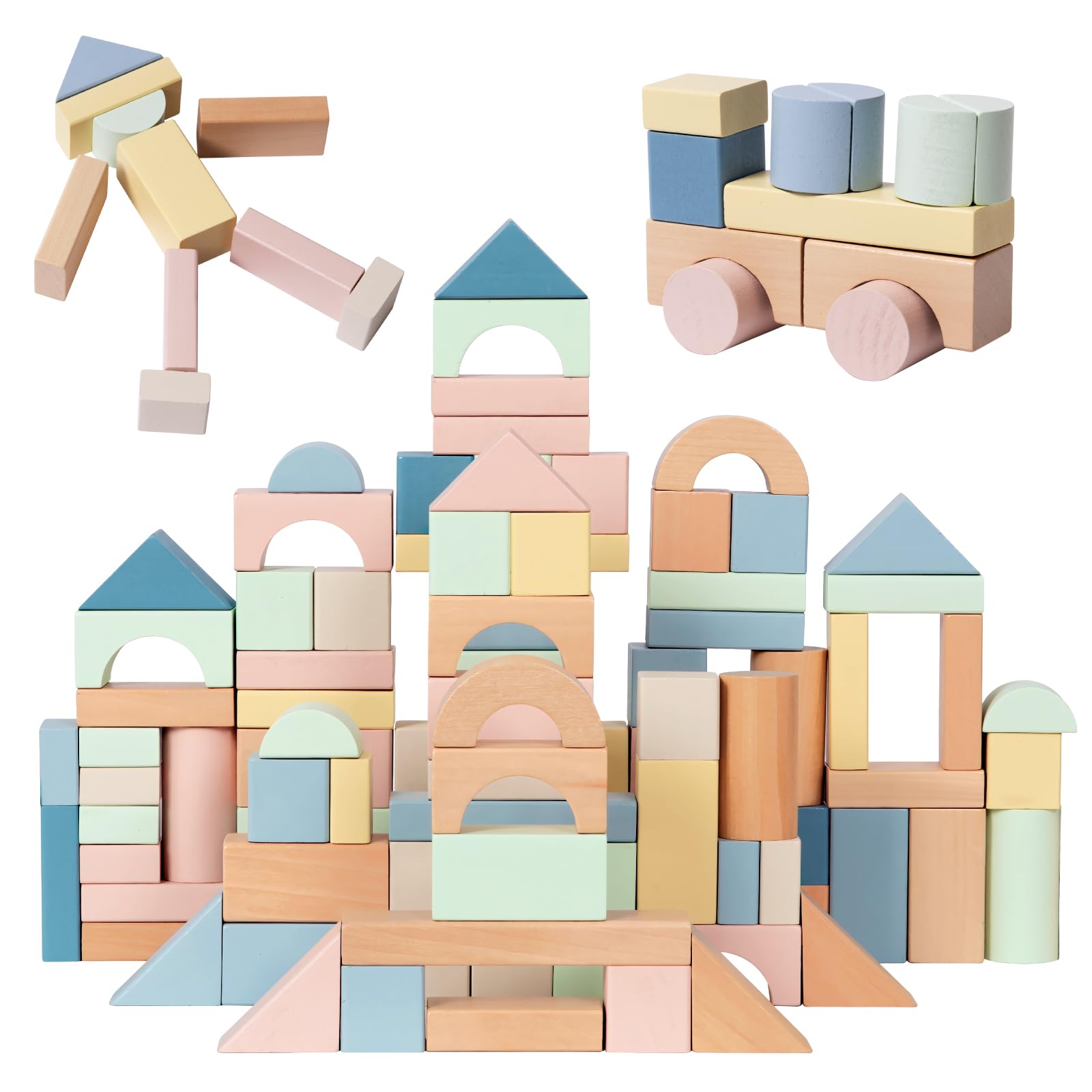 Nene Toys Blocs de Construction en Bois 100 Pièces – Blocs Pastel en Bois FSC pour Enfants dès 1 an – Jeu Montessori d’Éveil, Empilage & Tri pour Filles & Garçons – Idée Cadeau 1 2 3 Ans