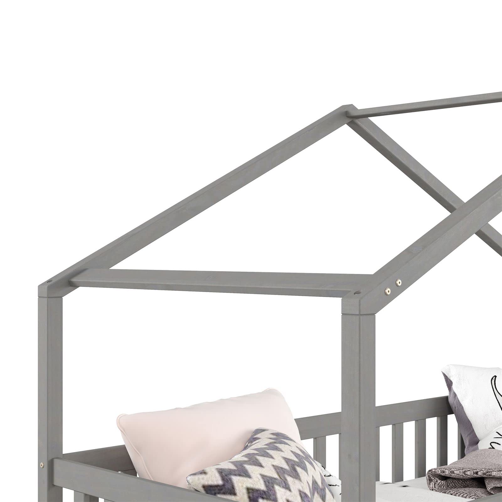 IDIMEX Hausbett ELEA aus massiver Kiefer, Kinderbett mit Rausfallschutz 90x200cm, Spielbett mit Dach in grau