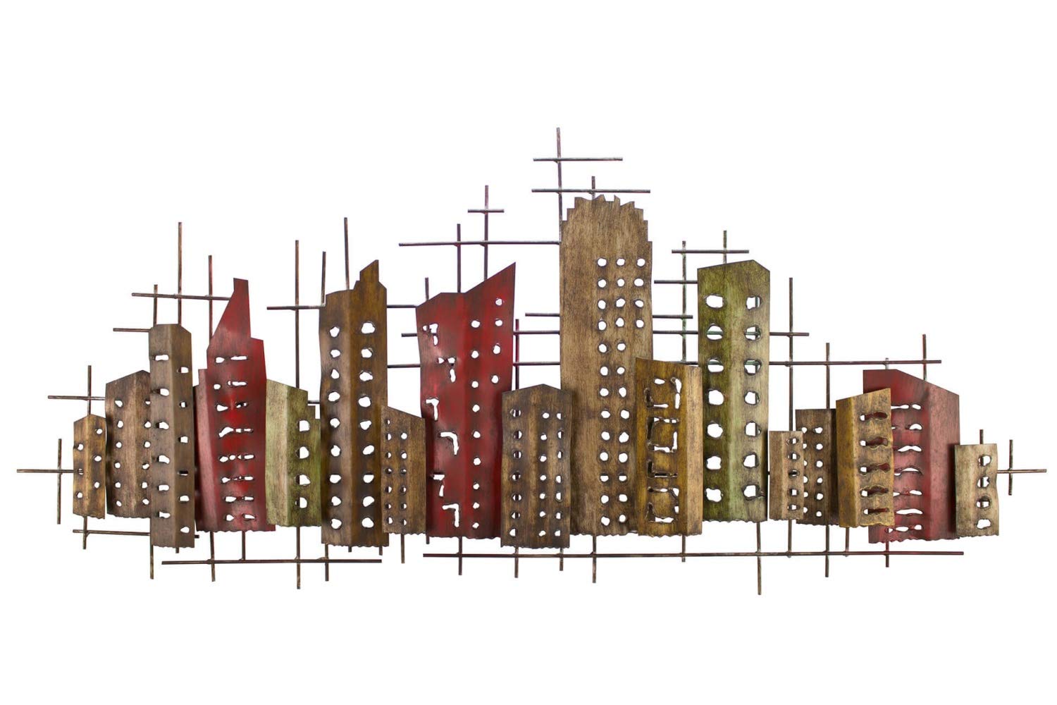 Kunstloft® Extravagante Escultura de Pared de Metal 'Complex Entity' 130x60x6cm | Decoración XXL Metal Arte | Abstracto Rectángulo Skyline Marrón Rojo | Cuadro Hecho a Mano Mural de Arte Moderno