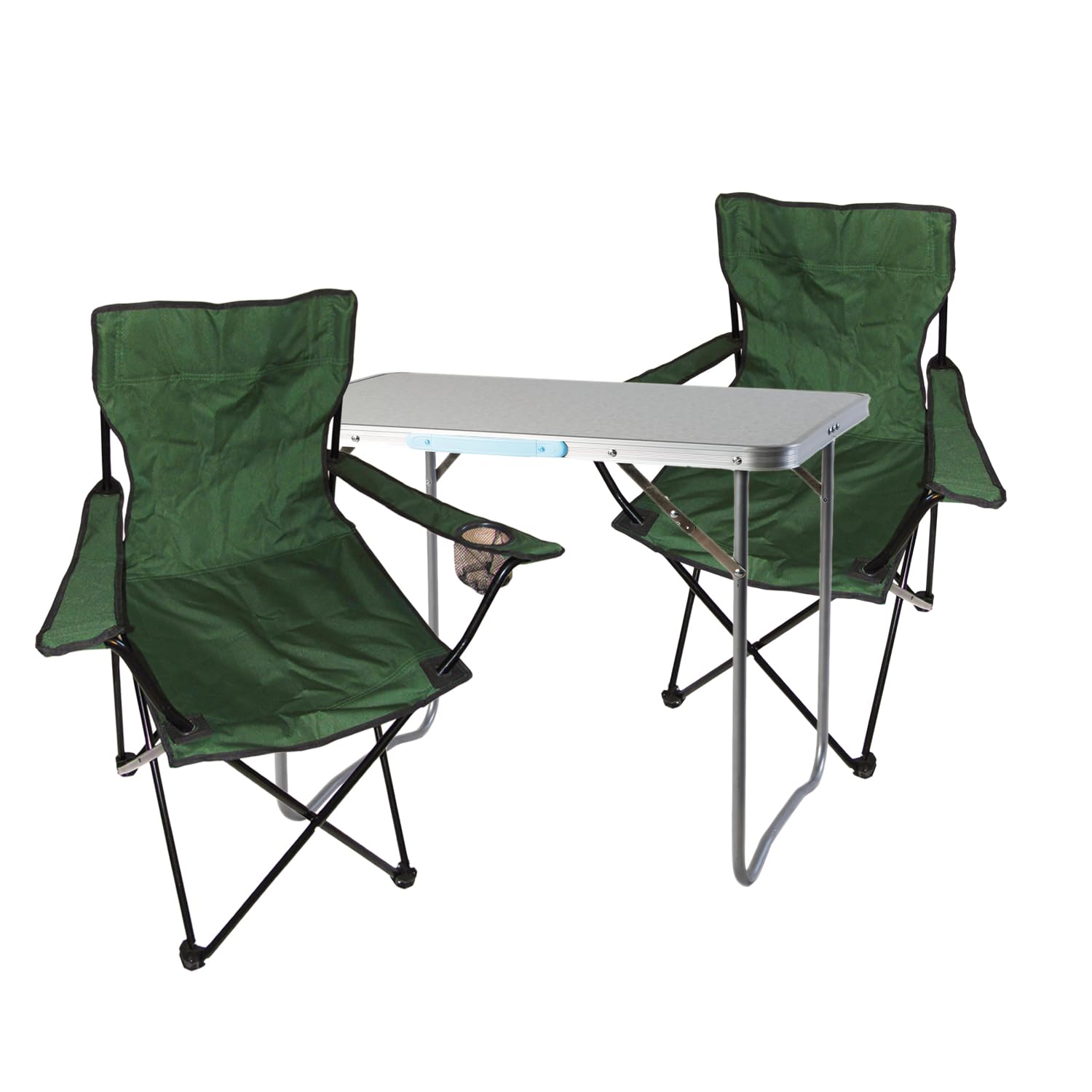Mojawo - Set di 3 mobili da campeggio, in alluminio, 70 x 50 x 59 cm, 1 tavolo da campeggio con maniglia e 2 sedie da pesca, pieghevoli, colore: verde