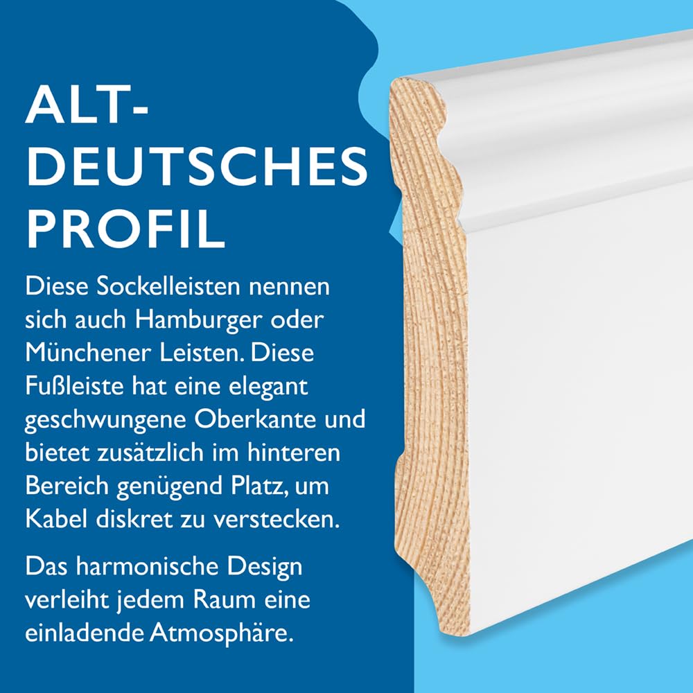 Sockelleiste Kiefer – 16x95x2400 mm, 10 Stück, weiß RAL 9016 lackiert