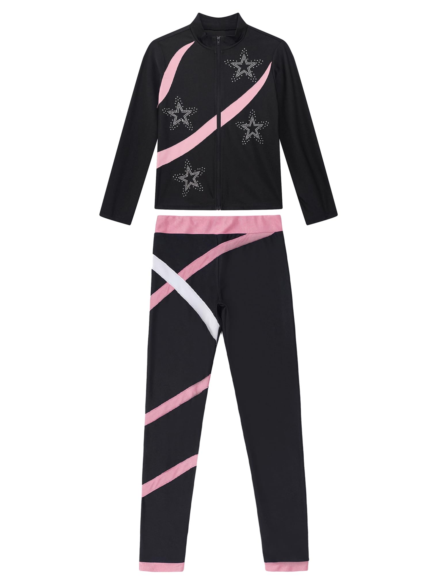 Freebily Kinder Trainingsanzüg Mädchen Eiskunstlauf Anzug Jacke Leggings Set Mit Strass-Stern Und Patchwork Eislaufen Sport Sweatsuit Tanzanzug