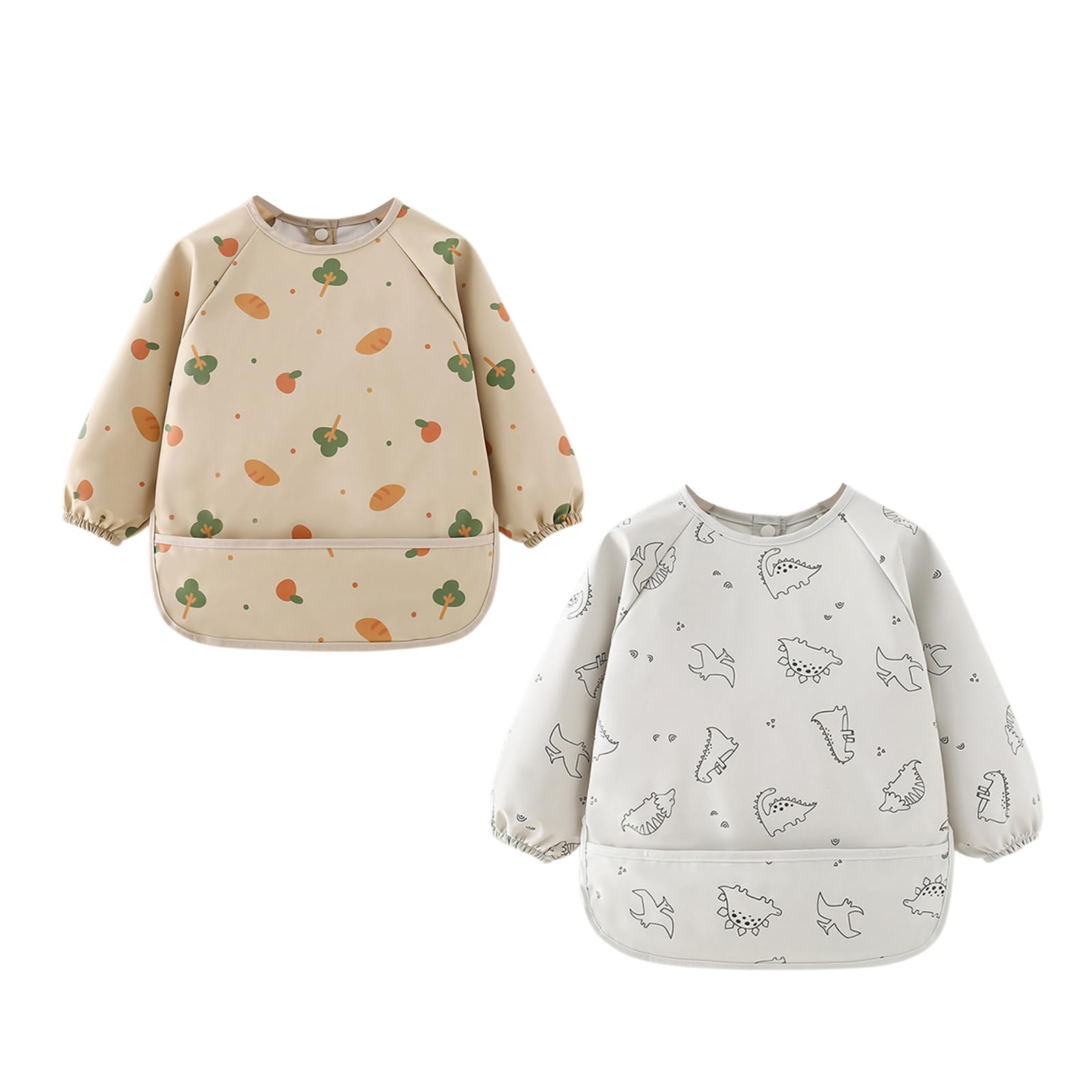 2 Pcs Baberos con Mangas, 6 a 24 Meses, 42x37cm, Babero Impermeable Bebe con Bolsillo Grande y Cuello Elástico, para Comida de Bebé Accesorios de Guardería Diaria