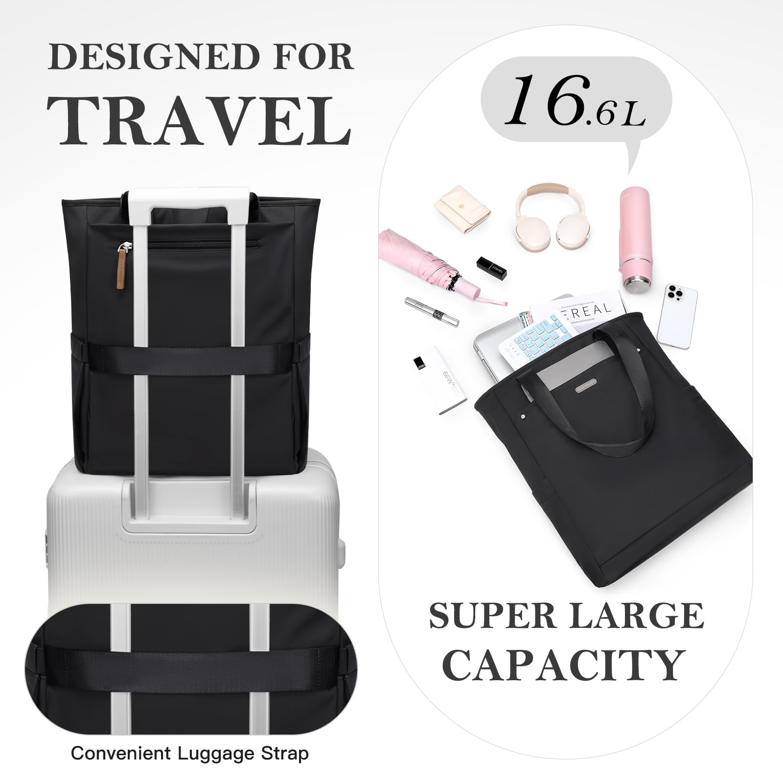 Rucksack Damen 16 Zoll, Laptop Schulrucksack Wasserdicht, Schultasche Women Elegant Tagesrucksäcke Handtasche 2 in 1 Arbeitstasche Lehrertasche Reiserucksack für Uni Büro,Schwarz
