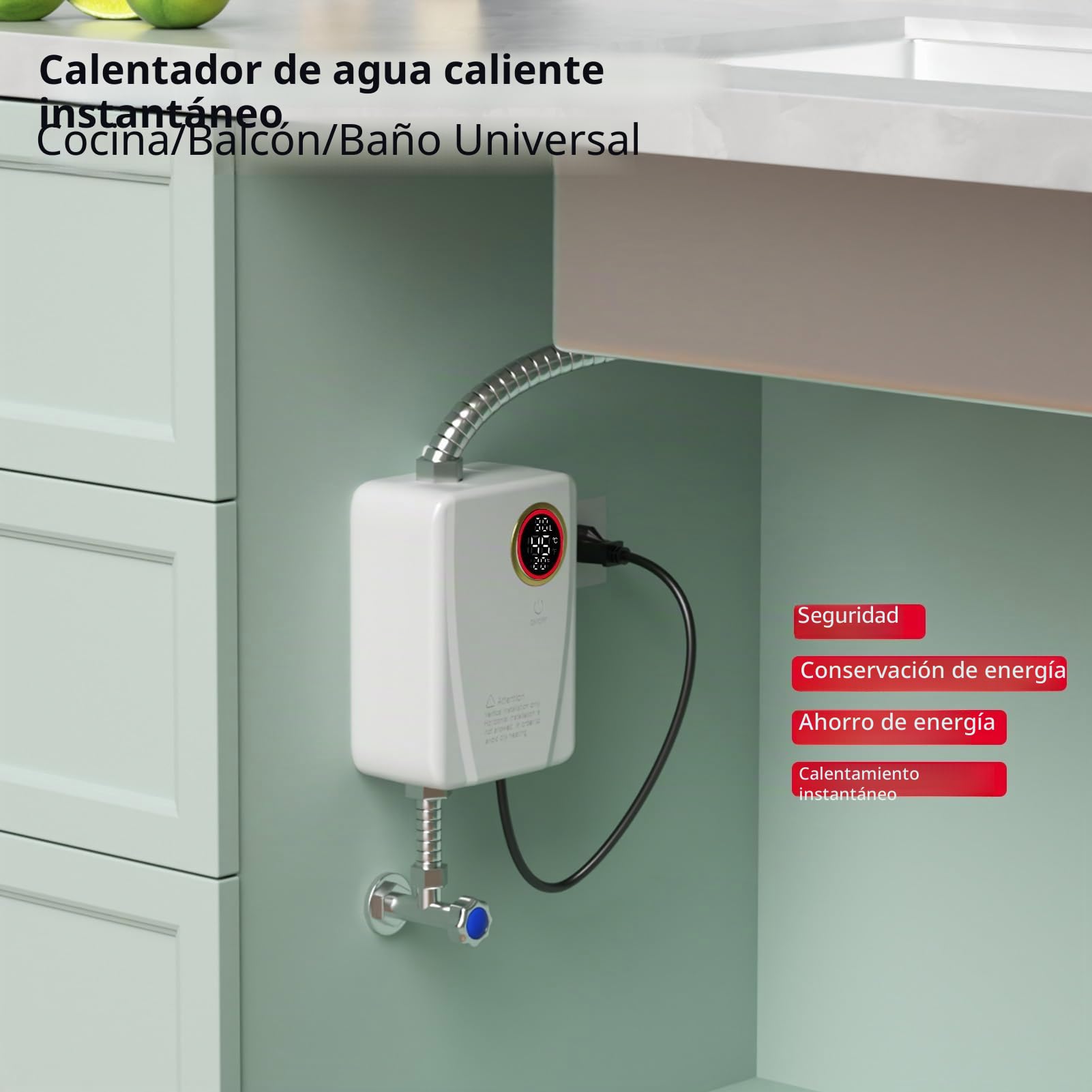 Weytoll Calentador de agua instantáneo 3000W 220V blanco mini calentador de agua caliente instantáneo sin tanque baño cocina lavado con pantalla digital de temperatura para RV cocina baño