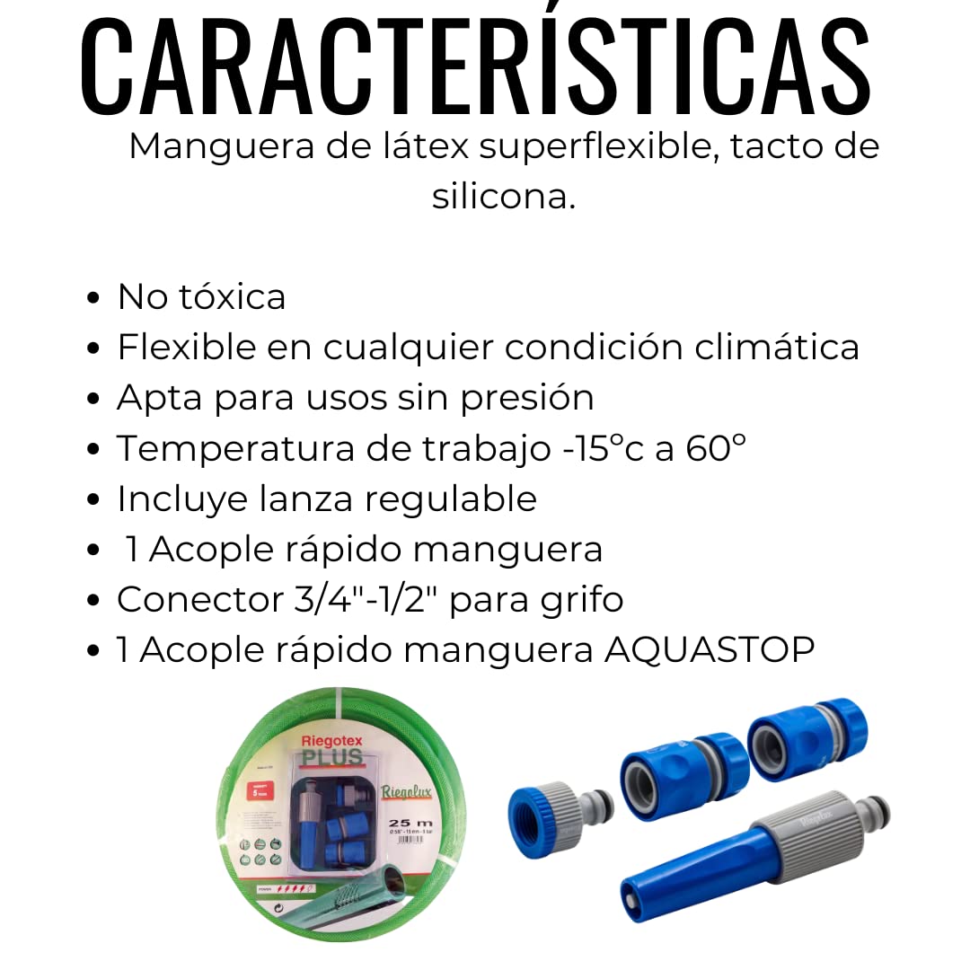 Manguera RIEGOTEX 19 x 25 m | Incluye accesorios: Lanza regulable, adaptador grifo 3/4"- 1/2" y dos manguitos rápidos