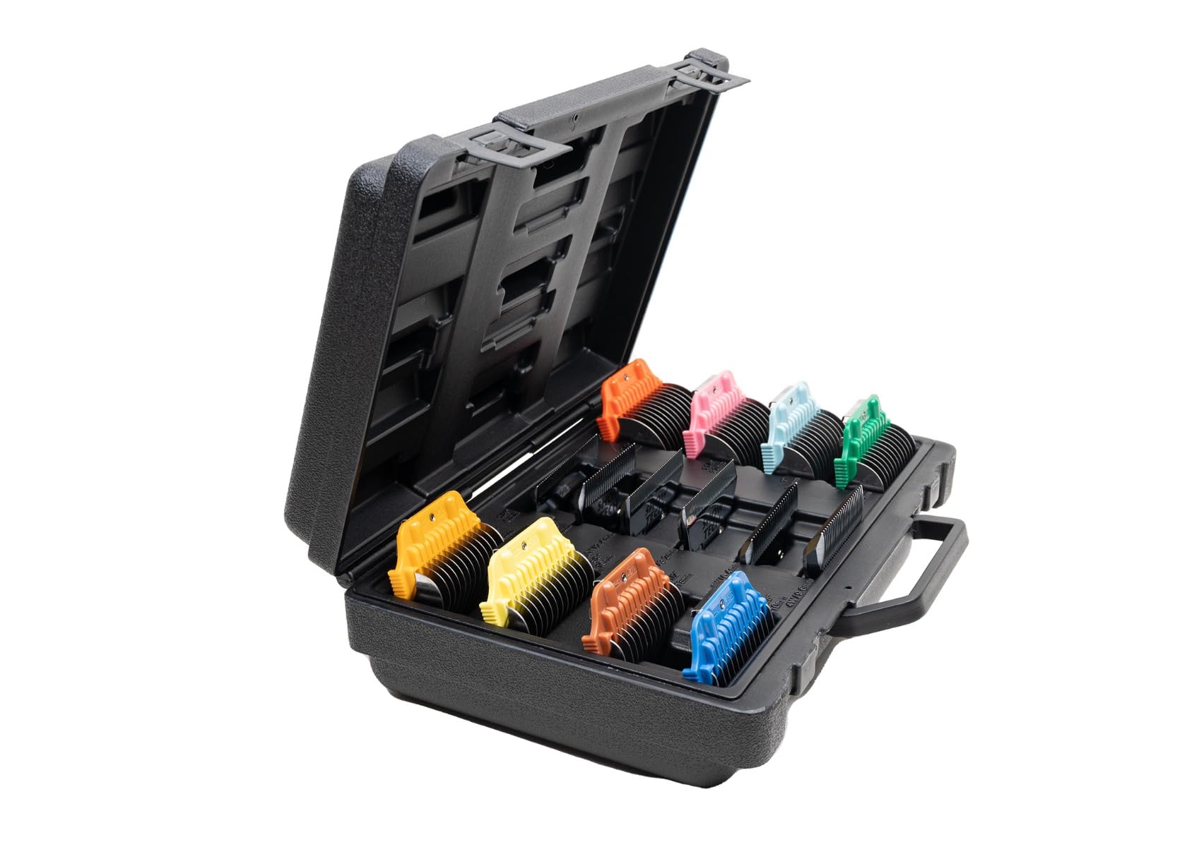 Show Tech Pro Breite Snap-on Kamm-Set aus Edelstahl – 8 Aufsteckkämme (10–38 mm) + #30W Breiter Scherkopf, Farbmarkierung, inkl. Tragetasche für Professionelle Hundepflege